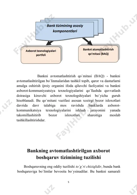 kning operatsion xarajatlarini kamaytiradi. misollar: · call-markazlar o‘rniga chatbotlar: oddiy savollarni chatbotlar hal qiladi, natijada xodimlarning ish yukini kamaytiradi. · hujjatlarni qayta ishlash: sun’iy intellekt hujjatlarni avtomatik tahlil qilib, qo‘lda ishlashni minimallashtiradi. foydasi: · xodimlarning resurslari murakkab masalalarga yo‘naltiriladi. · banklar operatsiyalarni kamroq xarajat bilan amalga oshiradi. 3. xarajatlarni qisqartirish: tushuntirish: qo‘lda bajariladigan operatsiyalarda inson xatolari (masalan, noto‘g‘ri ma’lumot kiritish yoki hisob-kitob xatolari) yuzaga kelishi mumkin. avtomatlashtirish bu xatolarni deyarli yo‘q qiladi. misollar: · avtomatik tranzaksiya monitoringi: shubhali operatsiyalarni aniqlash uchun algoritmlar ishlatiladi. · kredit qarorlarini qabul qilish: kreditlash tizimlari qarorlarni ma’lumotlarga asoslanib qabul qiladi, insonning sub’ektivligini kamaytiradi. foydasi: · xizmatlarning aniqligi va ishonchliligi oshadi. · xato tufayli yuzaga keladigan moliyaviy zarar kamayadi. 4. mijoz qoniqishini oshirish: tushuntirish: avtomatlashtirilgan xizmatlar orqali mijozlar o‘zlariga kerakli ma’lumot va xizmatlarni tez va qulay shaklda olishadi. bu esa ularning qoniqishini oshiradi. misollar: · shaxsiylashtirilgan xizmatlar: mijozning odatlariga mos takliflar berish. · doimiy mavjudlik: 24/7 …
