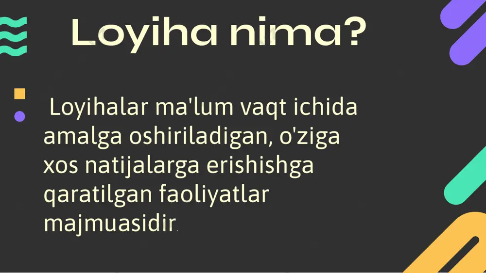 o'rinishi mumkin: 1. dizayn loyihasini ishlab chiqish 2. jamoani topish va ishga olish 3. ishni rejalashtirish 4. qo'pol ishlarni bajarish 5. bezatish ishlarini bajarish 6. ta'mirlashdan keyingi tozalash 7. oshxona va mebellarni o'rnatish, aksessuarlarni tartibga solish 8. kvartiraga ko'chib o'tish 9. uy qurish rejalashtirish keling, uy qurish misoliga qaytaylik. rejalashtirish bosqichida siz smeta tuzasiz va uyni tugatish sanasini belgilaysiz.puxta rejalashtirishning ahamiyatini oshirib yuborish qiyin, lekin juda ko'p jamoalar va kompaniyalar darhol boshlash uchun bu bosqichni o'tkazib yuborishadi. hukumat mas'uliyati idorasi tomonidan o'tkazilgan so'rov shuni ko'rsatdiki, federal moliyalashtirilgan 840 ta loyihaning 49 foizi yomon rejalashtirilgan va/yoki yomon bajarilgan. shuning uchun rejalashtirish bosqichi vaqt va kuch sarflashga arziydi. ishonchim komilki, bu keyingi bosqichlarda ko'p vaqt va nervlarni tejaydi.rejalashtirish bosqichi sizning loyihangizda ishtirok etadigan ko'plab elementlarni diqqat bilan ko'rib chiqishni talab qiladi. ular quyidagilarni o'z ichiga olishi mumkin, lekin ular bilan cheklanmaydi:  asosiy rollar va majburiyatlar  muvaffaqiyat ko'rsatkichlari  samaradorlikni pasaytiradigan …