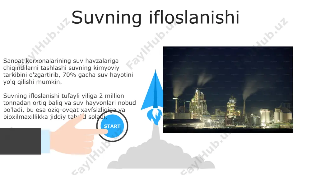 osining 30% dan ko'prog'ini iste'mol qiladi va bu bioxilma-xillikning kamayishiga olib keladi. 06 05 04 yerning ifloslanishi 01 02 yer osti suvlarining ifloslanishi, sanoat korxonalaridan chiqadigan chiqindilarning 70% yer ostiga singib ketishi natijasida yuz beradi, bu esa inson salomatligi va atrof-muhit uchun jiddiy xavf tugʻdiradi. sanoat chiqindilari tufayli yerning ifloslanishi, oʻsimliklarning oʻsishiga salbiy taʼsir koʻrsatib, bioxilmaxillikni kamaytiradi va 5-10 yil ichida tuproqning tabiiy tiklanish jarayonini sekinlashtiradi. sanoat korxonalarining atrof-muhitga ta'siri havoga zararli gazlarning chiqishi natijasida, ayniqsa, katta shaharlarda, yiliga o'rtacha 10000 dan ortiq nafas olish kasalliklari qayd etiladi. sanoat korxonalaridan chiqadigan chiqindilarning 70% dan ortig'i atrof-muhitga salbiy ta'sir ko'rsatuvchi, qayta ishlanmagan yoki to'liq zararsizlantirilmagan materiallardir. e'tiboringiz uchun rahmat @taqdimot_robot image5.jpg image6.jpg image7.jpg image8.jpg image9.jpg image10.jpg image11.jpg image12.jpg image13.jpg image14.jpg image15.jpg image16.jpg image1.jpeg image2.jpeg image3.jpeg image4.jpeg