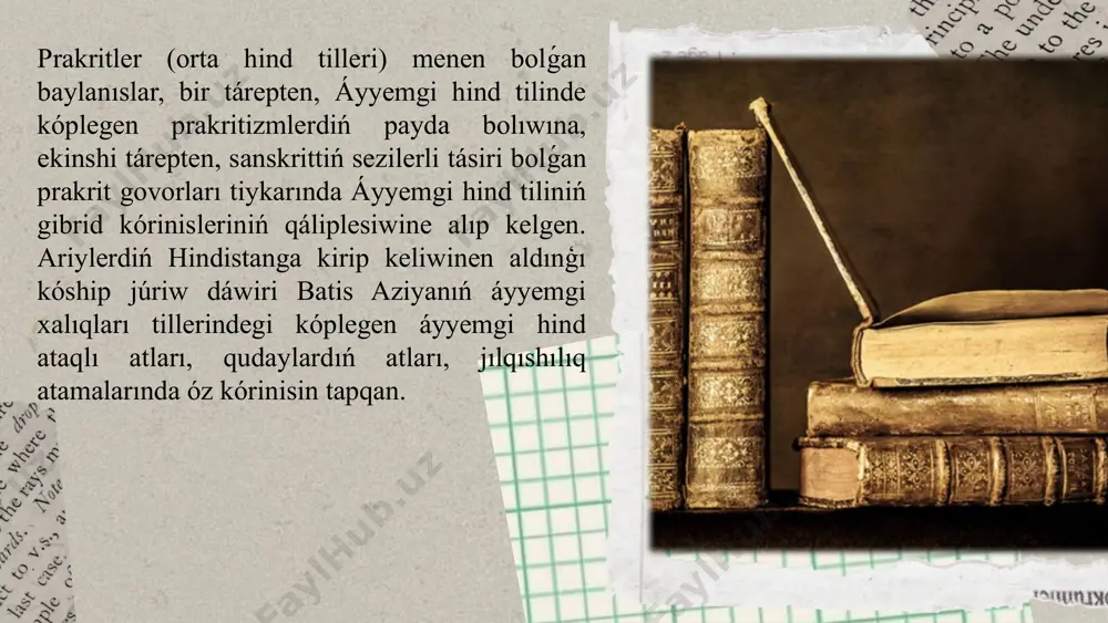 anılǵan bolıp, ol biziń eramızǵa shekemgi vii ásirge shekem xotan hám niyanıń uzaq jol stanciyalarında saqlanıp qalǵanlıǵı haqqında ayırım dáliller bar. paydalanilg’an a’debiyatlar. 1.shamsheddin a’bdinazimoý-til bilimi tariyxi. 2.shamsheddin a’bdinazimov- lingivistik taliymat tariyxi. 3.vyasa – mahabharat 4.valmiki – ramayana 5.vyasa-bhagavad gitaanonim- 6.rigveda-dhammapada dhammapada 7.kalidasa –shakuntala 8.bhartrixari -vakiyvakyapadiya itibarin'iz ushun raxmet! image1.jpeg image2.png image3.png image4.png image5.png image6.png image7.png image8.jpeg image9.png image10.png image11.png image12.png image13.png image14.jpeg image15.jpeg image16.png image17.png image56.png image57.png image58.png image59.png image25.jpeg image26.jpeg image27.png image28.png image60.jpeg image61.png image62.png image63.png image64.png image65.png image66.png image52.jpeg image53.png image54.png image55.jpeg