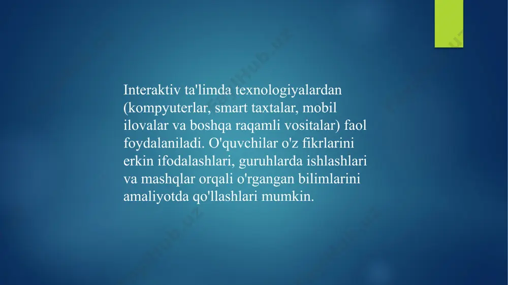 im o'rin tutadi. kompyuterlar, smartfonlar va boshqa raqamli vositalar yordamida o'quvchilar interaktiv platformalar orqali o'z bilimlarini sinab ko'rishlari, ma'lumotlarga kirishlari va o'zlashtirishlarini tekshirishlari mumkin. masalan: - google classroom, moodle kabi onlayn ta'lim platformalarida o'quvchilar materiallarni ko'rib chiqish, testlarni bajarmoq, forumlarda muhokama qilish imkoniyatiga ega bo'ladilar. - quizlet, kahoot! kabi ilovalar yordamida o'quvchilar interaktiv testlar va viktorinalarda ishtirok etishlari mumkin. 3. rolli o'yinlar (role-playing) rolli o'yinlar o'quvchilarga real hayotdagi vaziyatlarni tasavvur qilish, muammolarni hal qilish va turli rollarni bajarish imkoniyatini yaratadi. bu metod o'quvchilarda ijtimoiy ko'nikmalarni, empatiya va kreativ fikrlashni rivojlantiradi. rolli o'yinlarda: - o'quvchilar muayyan rollarni o'ynashadi (masalan, advokat, mijoz, doktor, boshqaruvchi). - hayotiy vaziyatlar yoki tarixiy hodisalar asosida o'quvchilar o'zlarining fikrlarini izhor etadilar. 4. simulyatsiya (simulation) simulyatsiya o'quvchilarga turli vaziyatlarni, jarayonlarni yoki tizimlarni o'rgatishda real sharoitlarni yaratadi. bu metod amaliy tajriba olishga yordam beradi. masalan: - simulyatsiya yordamida o'quvchilar iqtisodiy tizimlar, ilmiy eksperimentlar yoki ijtimoiy jarayonlarni o'rganishlari mumkin. - …