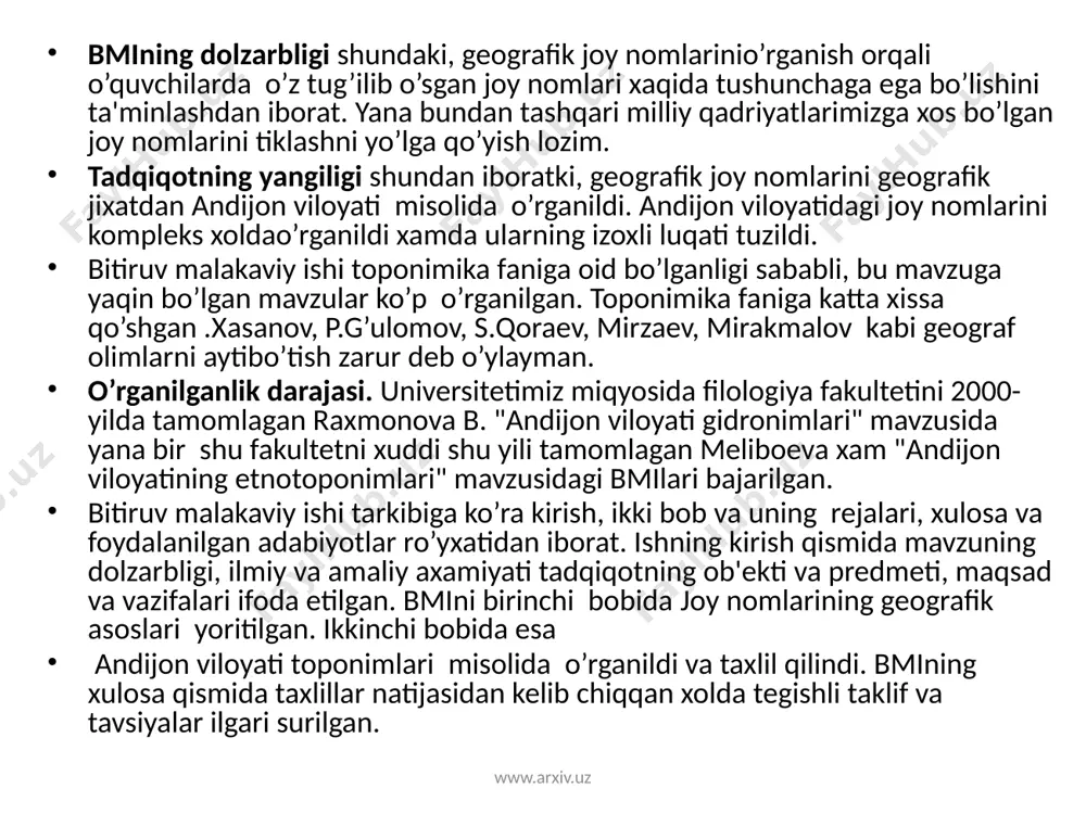 ” (kazan’, 1886 g.) asarida e’tibor qaratgan edi. muallif bu asarida shaharning paydo bo’lishi xaqida mushohada yurgizib, bu yerda go’yo o’zbek urug’laridan "andi” nomlisi o’rnashib qolgani va shundan "andijon” nomi paydo bo’lgani xaqidagi naqlni keltiradi. shunisi ham borki, bu og’zaki naql andijonda emas, namanganliklar orasida ma’lumligini yozadi (o’sha asar, 5- bet). v, nalivkin asari chiqqanidan buyon, mana, 115 yil vaqt o’tdi, ammo tekshirishlarda bu og’zaki xabar isbotlanmadi. ilmiy adabiyotda e’lon qilingan 92 ta o’zbek urug’i ro’yxatida ham "andi” nomlisi yo’q. mahmud qoshg’ariyning mashhur “devoni lug’oti -turk” mo’tabar asarida sanab o’tilgan turkiy urug’lar orasida ham bunday nom uchramaydi. www.arxiv.uz ammo, afsuslanadigan joyi shundaki, ilmiy jihatdan isbotlanmagan nalivkin taxmini keng tarqalib ketdi (bu haqida s. jalilov, andijon (tarixiy-o’lkashunoslik ocherk), toshkent, ’'o’zbekistan”, 1989 y.). bunday xom, taxminiy fikr - mulohazalarning kitobdan kitobga, spravochnik va maqolalarga ko’chib yurishiga sabab "andijon” toponimi haqida maxsus tadqiqot qilinmaganidir. nihoyat, bu haqida yangi muloxaza aytildi. tarixchi arxeolog olim, …