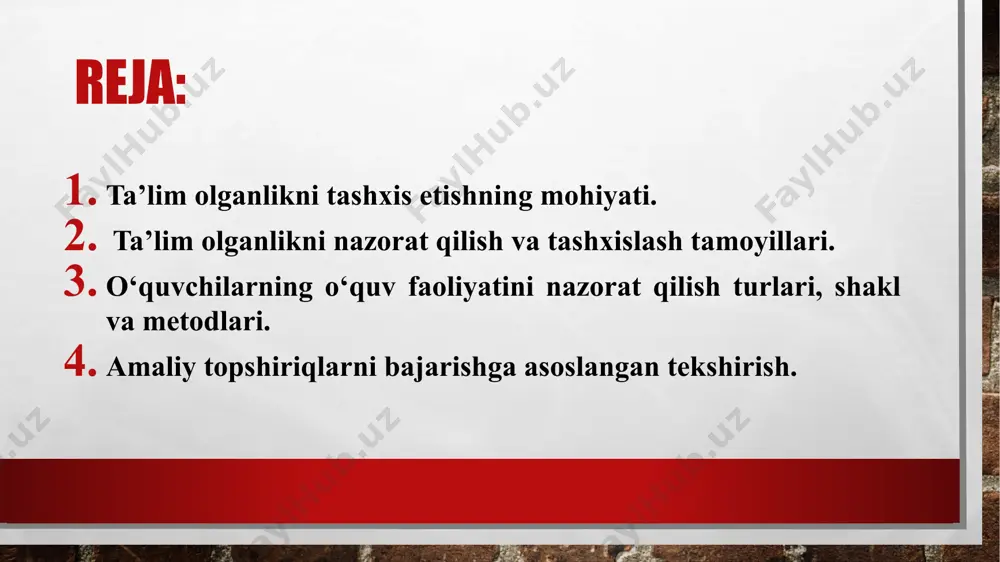 malakalarini tekshirish quyida ko‘rsatilgan mantiqiy ketma-ketlikda olib borilishi kerak: nazorat (ta’lim jarayonida) ta’lim oluvchining bilim, ko'nikma va malakalari darajasini aniqlash, o'lchash va baholash jarayonini anglatadi. aniqlash va o'lchash esa tekshirish deb ataladi. tekshirish tizimidagi birinchi bo ‘g ‘in taiim oluvchilaming bilim darajasini oldindan aniqlash hisoblanadi. odatda, u o‘quv yili boshida o'quvchilar tomonidan avvalgi o'quv yilida o'zlashtirilgan bilimlari darajasini aniqlash maqsadida o'tkaziladi. bu kabi tekshirish, shuningdek, o'quv yilining o'rtasida yangi boiim (kurs)ni o'rganishga kirishilganda ham o'tkazilishi mumkin va o'rinli bo'ladi. bilimlami tekshirishning ikkinchi bo'g'ini har bir mavzuni o'zlashtirish jarayonidagi joriy teksbirishdir. joriy tekshirish taiim oluvchilar tomonidan o'quv dasturida belgilangan ayrim alohida elementlami o'zlashtirish darajasini tashxislash imkonini beradi. mazkur tekshirishning asosiy vazifasi o'rgatishdir. bunday tekshirishning shakl va metodlari turlicha boiib, ular o'quv materiali mazmuni, murakkabligi, o'quvchilaming yoshi va tayyorgarligi, taiim bosqichi va maqsadlari, muayyan pedagogik sharoitlarga bog'liq bo'ladi. takroriy tekshirish bilim, ko'nikma va malakalami tekshirishning uchinchi bo‘g‘ini sanalib, joriy tekshirish kabi mavzuli …