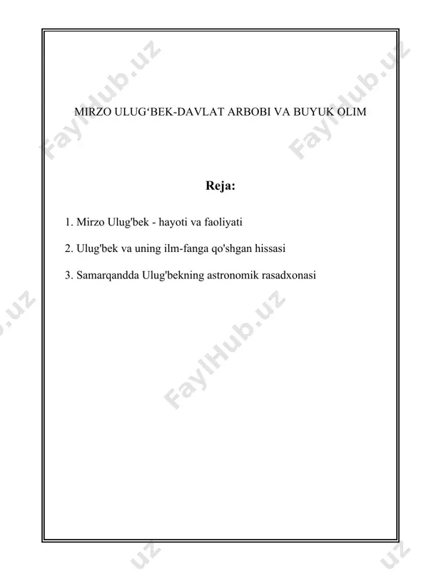 icha trigonometriya qoidalarini ishlab chiqqan. uning trigonometrik jadvallari juda aniq hisoblanib, bugun ham ilmiy qiziqish uyg'otadi. u sin, kosinus va tangenslar bilan bog'liq aniq matematikani ishlab chiqishda sezilarli hissa qo'shdi. ulug'bekning siyosiy faoliyati davomida, turkiston va kichik osiyo hududlarida ko'plab g'alabalarni qo'lga kiritish bilan birga, savdo va iqtisodiy aloqalarni rivojlantirishga katta e'tibor qaratdi. u davrida samarqandda ko'plab imoratlar qurilib, shaharning o'sishiga zamin yaratildi. mirzo ulug'bekning davridagi muhim ishlardan yana biri uning madaniy va ilmiy merosi hisoblanadi. uning samarqandni ilm-fan va san'at markaziga aylantirishga bo'lgan harakati, butun bo'layotgan zamonlar ko'plab olimlar va ziyolilar uchun ilhom manbai bo'ldi. uning madrasalarida zamonning eng yetuk olimlari dars bergan va ko'plab ilmiy asarlar yozilgan. ulug'bek hayoti fojiali tugadi. 1449-yilda, shohrux vafotidan keyin, o'g'li abdulaziz bilan yuzaga kelgan kelishmovchiliklar tufayli o'ldirildi. uning vafoti bilan temuriylar davrining eng buyuk olimlaridan biri bu dunyoni tark etdi. ulug'bekning ilmiy ishlari va merosi bugungi kunda keng e'tirof etilib, u ko'plab …