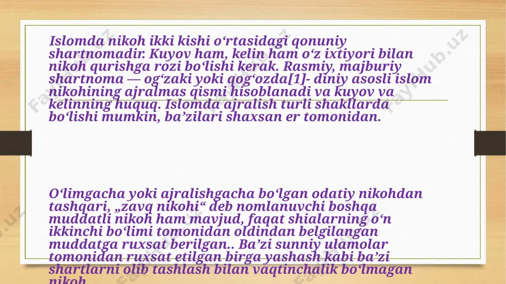 ularga nikoh shartnomasi shartlarini muhokama qilish va hatto ajralishni boshlash huquqi berildi.[11] muhammad paygʻambarlik davrida mavjud boʻlgan umumiy nikoh amaliyotlarining qonunlari va tartiblarini isloh qildi. „shartnoma boʻyicha nikoh (rozilik bilan nikoh qurish)“ qoidalari isloh qilinib, qatʼiy tartib va tartiblar joriy etildi.qur’ondan bunday amallarni taqiqlovchi bir qancha suralar va oyatlar nozil qilingan.[13] arab johiliyya qonuniga koʻra, islomiy manbalar erkaklarning turmush qurish yoki ajralish huquqlariga hech qanday cheklovlar qoʻyilmaganligini daʼvo qilmoqda.[14] islom qonunlari kanizaklarni hisobga olmaganda, erkaklarni bir vaqtning oʻzida toʻrtta xotin bilan chegaralagan. (qur’on 4:3)[15][16] nikoh instituti takomillashtirildiki, unda ayol bir oz manfaatdor sherik boʻladi. „masalan, ilgari otaga toʻlanadigan kelin bahosi sifatida qabul qilingan sep xotin oʻzining shaxsiy mulki sifatida saqlab qolingan nikoh sovgʻasiga aylandi“[14][16]. bundan tashqari, taklif va qabul qilish kamida ikkita guvoh ishtirokida amalga oshirilishi kerak edi.[ image5.png image6.png image7.jpeg image8.jpeg image9.jpeg image10.jpeg image3.png image4.png