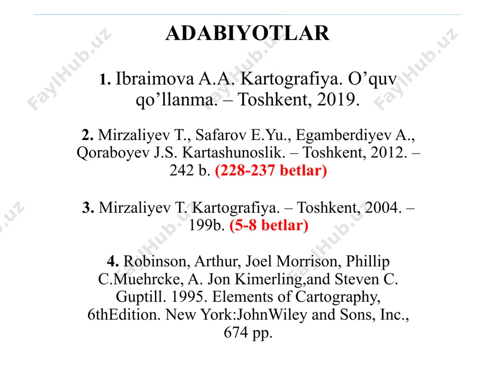 entlari va xususiyatlarini har tomonlama o'rganish, ulardan amalda foydalanish hamda kartografiyaning rivojianish tarixini o'rganishdan iborat. ba’zi vaqtda kartashunoslikni «karta haqidagi ta’limot» deb ham ataydilar. kartashunoslik bunday keyingi hamma kartografik fanlarni o‘rganish uchun asos hisoblanadi. kartografiya falsafiy, tabiiy va texnik fanlar majmui (kompleksi) bilan bog‘liq. ayniqsa, u geodeziya, topografiya va geografiya fanlari bilan uzviy bog‘langan. mazkur fanlar kartalarda real borliqni voqelikni aniq va ishonchli tasvirlash imkonini beradi. nаzоrаt sаvоllаri: 1. kartaning matematik asosiga nimalar kiradi? 2. kartografiya asosan qaysi fanlar bilan bog’liq? 3. kartaga ta’rif bering? 4. kartashunoslik fani nimani o’rgatadi? 5. komponovka nima? e’tiboringiz uchun rahmat! image1.gif image2.gif image3.png image4.png image5.jpeg /docprops/thumbnail.jpeg