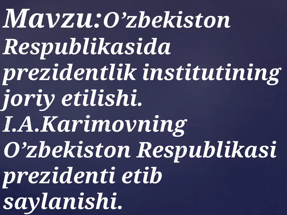 ti davlat mablag‘lari tomonidan qoplanishi va teng taqsimlanishi, respublika prezidenti lavozimga kirishish oldidan xalq saylagan oliy vakillik organi – oliy majlisda qasamyod qabul qilishi ham o‘z qasamyodida birinchi jumla “o‘zbekiston xalqiga sadoqat bilan xizmat qilishga” degan jumlaning o‘ziyoq demokratiyaning belgilari sifatida aytilgan. 1991-yil 18-noyabrda mamlakatimizda prezidentlik saylovlarini tartibga soluvchi «o‘zbekiston respublikasi prezidenti saylovi to‘g‘risida»gi qonun qabul qilindi. shu asosda, 1991-yil 29-dekabrda o‘zbekiston respublikasi prezidentligiga muqobillik asosida saylov bo‘lib o‘tdi. 1991 yil 29 dekabrda o‘tkazilgan o‘zbekiston respublikasining referendumida 9 million 898 ming 707 kishi yoki saylov ro‘yxatiga kiritilganlarning 94,1 foizi qatnashdi. o‘zbekiston respublikasining mustaqil davlat deb e’lon qilinishini yoqlab 9 million 718 ming 155 kishi yoki referendumda qatnashganlarning 98,2 foizi ovoz berdi. demak, o‘zbekistonning davlat mustaqilligi umumxalq tomonidan yakdillik bilan ma’qullandi. xuddi shu yilning 29 dekabrida xalqimiz birinchi marta umumxalq xoxish-irodasi bilan mustaqil o‘zbekiston respublikasi prezidentini sayladi. foydalanilgan adabiyotlar. „oʻzbekiston xxi asr boʻsagʻasida: xavfsizlikka tahdid, barqarorlik shartlari va taraqqiyot kafolatlari“ (1997), …