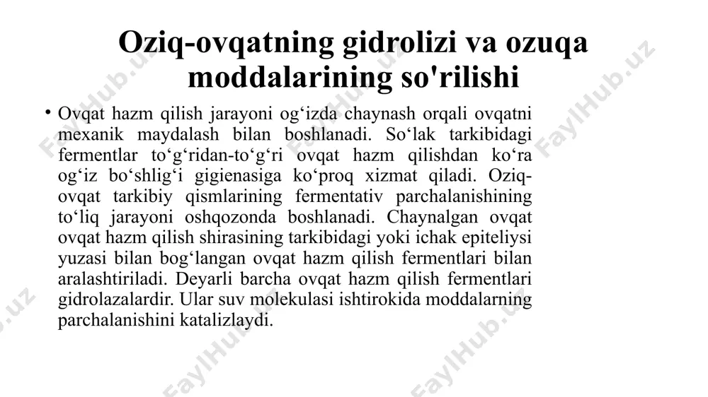 shini boshlaydi. balki ovqat hazm qilish jarayoniga qaraganda og‘iz bo‘shlig‘ida bakterial floraning ko‘payishini nazorat qilishda α-amilaza va mureinni bo‘luvchi ferment lizotsim muhimroq rol o‘ynashi mumkin. xlorid kislota hosil bo‘lishi parietal hujayralar tomonidan xlorid kislota (h+ va cl- ionlari) sekretsiyasi faol jarayon bo‘lib, atf sarflanishi bilan kontsentratsiya gradientiga qarshi sodir bo‘ladi. ph=1 konsentratsiyasida oshqozon bo‘shlig‘idagi proton kontsentratsiyasi parietal hujayralarga qaraganda 106 baravar yuqori (ph 7). protonlar karbonat angidrid (co2) va suvdan (h2o) hosil bo‘ladi. diffuziya tufayli co2 qondan parietal hujayralarga kiradi va karbonat angidraz (karbonat degidrataz, [1]) tomonidan katalizlangan reaktsiyada h2o bilan o‘zaro ta’sir qiladi, bu proton va gidrokarbonat (hco3 -) hosil bo‘lishiga olib keladi. protonlar h+/k+-atfaza membrana fermenti [2] yordamida k+ ionlari evaziga oshqozon bo‘shlig‘iga o‘tkaziladi (p-tipli transport atfaza). vodorod karbonat xlorid ionlari (cl-) evaziga elektroneytral transport jarayonida interstitsiyga o‘tadi va keyin qonga kiradi. cl- ionlari protonlardan keyin ion kanali orqali oshqozon bo‘shlig‘iga kiradi. xlorid kislotasi, mutsinlar va pepsinogen sekretsiyasini …