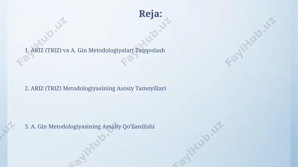 ida ma'lum algoritmlar va vositalar ishlatiladi. ariz metodologiyasida 40 dan ortiq standart yechimlarni topish uchun algoritmlar mavjud bo'lib, ular muammoning murakkablik darajasiga qarab qo'llaniladi. a. gin metodologiyasida muammo tahlili a. gin metodologiyasi 80 dan ortiq muammo yechish vositalarini va texnikalarini o'z ichiga oladi, ularning har biri muayyan turdagi muammolar uchun qo'llaniladi. bu keng qamrovli vosita hisoblanadi. a. gin metodologiyasida 4 ta asosiy bosqich mavjud: muammoning aniqlanishi, maqsadning shakllanishi, variantlarning ishlab chiqilishi va eng yaxshi yechimning tanlanishi. bu jarayon muammoni sistemali ravishda tahlil qilishga yordam beradi. ariz metodologiyasida muammo formulyatsiyasi ariz metodologiyasida muammoning toʻgʻri formulalashuvi, 40% muvaffaqiyatga kafolat beradi, chunki u ideal yakuniy natijani aniqlash va qarama-qarshiliklarni aniqlashga yordam beradi. muammo formulalashuvining 7 ta bosqichi mavjud boʻlib, ularning har biri muammoning turli jihatlarini tahlil qilish va takomillashtirishga qaratilgan. bu 7 bosqichli yondashuv muammo echish samaradorligini oshiradi. ariz va a. gin metodologiyalarining o'xshashliklari ariz va a. gin metodologiyalari muammolarni yechishda 40 dan …