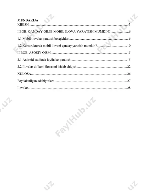 anda java tilining asoslarini o'zlashtirishingiz kerak. android uchun turli xil rivojlanish muhiti mavjud. tavsiya etilgan ishlab chiqish muhiti - bu android ishlab chiqish uchun maxsus ishlab chiqilgan android studio. shuning uchun biz undan foydalanamiz. android studio muhitidan tashqari, rivojlanish uchun android sdk deb nomlangan vositalar to'plami ham kerak bo'ladi. masalan, oldin android sdk o'matilmagan bo'lsa, u holda android studio bilan birinchi marta bog’langaningizda, android sdk yo'qligi haqida xabar beradi. yurtimizda ta’limga e’tibor keng qaratilgan. o’quv muassasalari ichida oliy ta’lim o’quv yurtlari alohida ajralib turadi. shu jumladan oliy ta’lim axborotkutubxona sohasiga oid bo’lgan e’tibor alohida to’htalib o’tish lozim. bu sohani rivojlanishiga har bir mutaxasis o’z hissasini qo’shmog’i zarurligi maqsadga muvofiqdir. har bir axborot resurs markazi tizimini moliyaviy holatini yaxshilash, moddiy- texnik bazasini takomillashtirish, talabalarga sharoit yaratib berish va zamon talablariga javob beradigan kompyuter qurilmalari bilan jixozlash hozirgi axborot texnologiyalari asrini dolzarb muommolaridan biridir. axborot resurs markazlarini qanchalik rivojlanganligi uning xizmat ko’rsatishdagi …