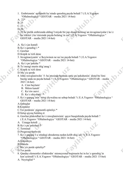 embriologiya fanidan test savollari — DOCX
