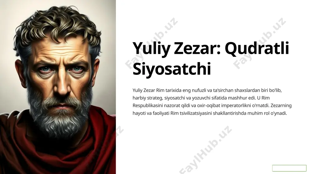 ing muhimligi zezarning harbiy mahorati rimni kengaytirish va boshqa xalqlarni mag'lub etishga yordam berdi. u rim armiyasining kuchini va samaradorligini oshirdi va rim imperiyasi tarixida muhim rol o'ynadi. 4 zezar va pompey o'rtasidagi raqobat birinchi triumvirat zezar va pompey dastlab bir-birlarini qo'llab-quvvatlagan siyosiy ittifoqchilar edilar. ular birgalikda birinchi triumviratni tuzdi va rimda katta siyosiy ta'sirga ega bo'ldilar. siyosiy farqlar vaqt o'tishi bilan zezar va pompey o'rtasida siyosiy farqlar yuzaga keldi. zezar rimning kengayishi va o'zining hokimiyatini mustahkamlashga intildi, pompey esa an'anaviy rim respublikasi qadriyatlarini himoya qildi. rim urushi bu farqlar nihoyat zezar va pompey o'rtasida rim urushiga olib keldi. bu urush zezarning g'alabasi bilan yakunlandi va pompey mag'lubiyatga uchradi. 5 zezarning rim imperatorligi 1 imperatorlikning o'rnatilishi zezarning g'alabasi rim respublikasining qulashiga olib keldi va rim imperiyasining boshlanishiga sabab bo'ldi. u rimda o'zining hokimiyatini mustahkamladi va o'zini umrbod diktator deb e'lon qildi. 2 imperatorlikning kengayishi zezar davrida rim imperiyasi ancha kengaydi. …