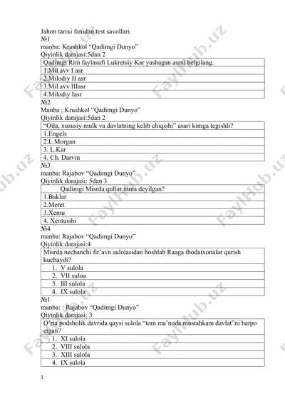jahon tarixi fanidan test savollari — DOCX