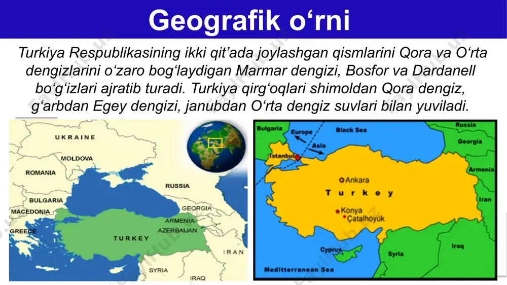 osan, mamlakatning g‘arbida yaxshi rivojlangan, ichki hududlar esa agrar iqtisodiyotga ega. 15 agroiqlimiy va suv resurslariga boy turkiya turli qishloq xo‘jalik mahsulotlarini (meva, yong‘oq, uzum, sabzavot, choy, shakarqamish, zaytun, tamaki, paxta) yetishtirish bo‘yicha jahon miqyosida alohida ajralib turadi. turkiya jahonda agrar mahsulotlarining eng yirik eksportyorlaridan biridir. qishloq xo‘jaligi turkiya hududi tabiiy va tarixiy-madaniy rekreatsion resurslariga, noyob yodgorliklarga boy, shuning uchun ham uning iqtisodiyotida turizm juda katta ahamiyatga ega. turkiya eng ko‘p xorijiy sayyohlarni qabul qiladigan jahonning yetakchi 10 ta davlatlaridan biri hisoblanadi. turizm mustaqil bajarish uchun topshiriqlar 1. darslikdagi “turkiya respublikasi” mavzusini o‘qing. 2. mavzu yuzasidan berilgan savollarga javob yozing va turkiya respublikasining iqtisodiy salohiyatiga izoh bering. image2.png image3.gif image4.png image5.png image6.gif image7.png image8.jpeg image9.jpeg image10.jpeg image11.png image12.png image13.png image14.jpeg image15.jpeg image16.png image17.gif image18.gif image19.gif image20.jpeg image21.jpeg image22.jpeg image23.jpeg image24.jpeg image25.png image26.jpeg image27.jpeg image28.png image29.jpeg image30.jpeg image31.png image32.jpeg image33.jpeg image34.jpeg image35.gif image36.jpeg