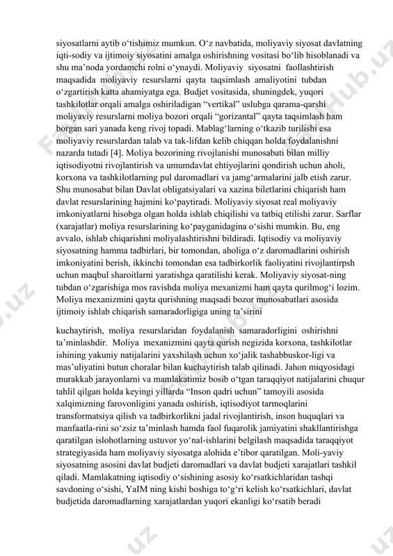 moliyaviy siyosat davlatning iqti-sodiy va ijtimoiy siyosatini amalga oshirishning vositasi bo‘lib hisoblanadi va shu ma’noda yordamchi rolni o‘ynaydi. moliyaviy siyosatni faollashtirish maqsadida moliyaviy resurslarni qayta taqsimlash amaliyotini tubdan o‘zgartirish katta ahamiyatga ega. budjet vositasida, shuningdek, yuqori tashkilotlar orqali amalga oshiriladigan “vertikal” uslubga qarama-qarshi moliyaviy resurslarni moliya bozori orqali “gorizantal” qayta taqsimlash ham borgan sari yanada keng rivoj topadi. mablag‘larning o‘tkazib turilishi esa moliyaviy resurslardan talab va tak-lifdan kelib chiqqan holda foydalanishni nazarda tutadi [4]. moliya bozorining rivojlanishi munosabati bilan milliy iqtisodiyotni rivojlantirish va umumdavlat ehtiyojlarini qondirish uchun aholi, korxona va tashkilotlarning pul daromadlari va jamg‘armalarini jalb etish zarur. shu munosabat bilan davlat obligatsiyalari va xazina biletlarini chiqarish ham davlat resurslarining hajmini ko‘paytiradi. moliyaviy siyosat real moliyaviy imkoniyatlarni hisobga olgan holda ishlab chiqilishi va tatbiq etilishi zarur. sarflar (xarajatlar) moliya resurslarining ko‘payganidagina o‘sishi mumkin. bu, eng avvalo, ishlab chiqarishni moliyalashtirishni bildiradi. iqtisodiy va moliyaviy siyosatning hamma tadbirlari, bir tomondan, aholiga o‘z …