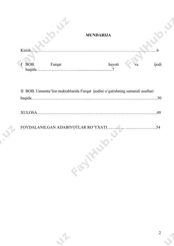 haqida tasavvur berishi kerak. аniqroq aytganda, umumta’lim maktabini bitirib chiqqan o‘quvchi o‘zbek adabiyotining eng qadimgi davridan hozirgi davriga qadar bosib o‘tgan yo‘li haqida, atoqli yozuvchilarning hayoti va ijodi haqida muayan bilimga ega bo‘lishlari va olgan ijobiy fasilatlarini mustaqil hayotlarida qo‘llashlari zarur. furqat o‘zbek demokratik adabiyotining mashhur namoyandalaridan biri bo‘lib, o‘zbek demokratik adabiyotida ma’rifatparvarlik yo‘nalishining eng jo‘shqin kuychisi sifatida ijod etdi. furqat o‘z bilimi va butun qobiliyatini xalq xizmatiga bag‘ishlab, maorif, erkinlik va baxt kuyini kuylagan ma’rifatparvar shoirdir. furqatning boy va mazmundor ijodiy faoliyati madaniyatimiz va adabiyotimiz tarixi taraqqiyotida chuqur iz qoldirdi. furqat sharq poyeziyasining ajoyib namunalarini yaratgan lirik shoir, ilm-madaniyatni, taraqqiyotni tinmay targ‘ib qilgan ma’rifatparvar arbob, qimmatдi me’muar asarlar yozib qoldirgan prozaik, tarjiomon ba publisistdir. zokirjon mullo xolmuhammad o'g'li furqat o'zbek demokratik adabiyotining yetakchi namoyandalaridan biri bo'lib, yangi ma'rifatparvarlik oqimining shakllanishi va rivojlanishiga katta hissa qo'shgan shoirdir. o'lkada siyosiy, iqtisodiy, madaniy va ijtimoiy ong sohalarida jiddiy siljishlar yuz berayotgan davr …