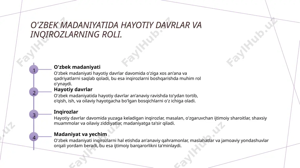 da hayotiy inqirozlar, shuningdek, madaniy qadriyatlar bilan bog'liq bo'lib, ularning ijtimoiy ta'sirlari dolzarbligini ko'rsatadi. bunday inqirozlar ko'plab o'zgarishlarga olib kelishi mumkin. rivojlanish strategiyalari inson rivojlanishi jarayonida psixologik inqirozlarni boshqarish uchun samarali strategiyalarni ishlab chiqish muhimdir. bu, o'z navbatida, jamiyatning barqarorligini ta'minlaydi. e'tiboringiz uchun rahmat! /docprops/thumbnail.jpeg