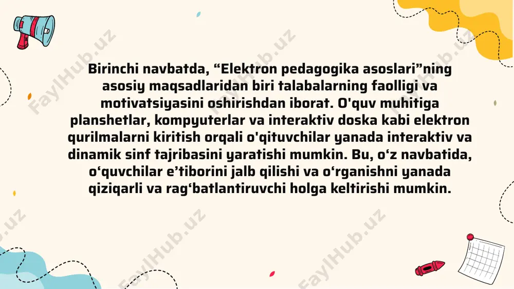 agogika asoslari" mavzusidagi topshiriq talabalarga ta'limda elektron qurilmalar va texnologiyalardan foydalanishning asosiy tamoyillari va amaliyotlari haqida har tomonlama tushuncha beradi. elektron qurilmalar, raqamli resurslar va talabalarga yo'naltirilgan yondashuvlar integratsiyasini o'rganish orqali talabalar raqamli asrda muvaffaqiyat qozonish uchun zarur ko'nikma va bilimlarni rivojlantirishlari mumkin. bu topshiriq oxir-oqibatda o‘quvchilarni texnologiyaga asoslangan dunyoda faol, faol va mas’uliyatli o‘quvchilar bo‘lishga tayyorlaydi. image1.jpg image2.png
