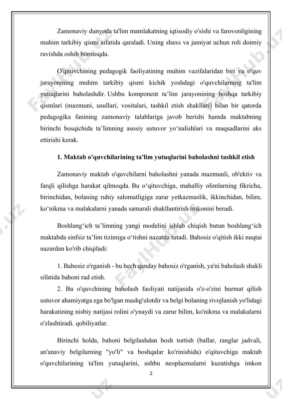 olda, bahoni belgilashdan bosh tortish (ballar, ranglar jadvali, an'anaviy belgilarning "yo'li" va boshqalar ko'rinishida) o'qituvchiga maktab o'quvchilarining ta'lim yutuqlarini, ushbu neoplazmalarni kuzatishga imkon bermaydi. o'quv jarayonida unda paydo bo'ladigan psixikada. bunday holda, ta'lim sifatini nazorat qilish imkonsiz bo'lib qoladi va maktabda ish yuritishdan bosh tortish o'qituvchi tomonidan bolalarni o'rganish va rivojlantirish natijalari ustidan nazoratni yo'qotishiga olib keladi. ikkinchi nuqtai nazardan kelib chiqqan holda, o'qituvchi maktab o'quvchilarining ta'lim yutuqlarini baholashning yangi tizimini joriy etishning pedagogik ma'noda qimmatli mexanizmini oladi. bundan tashqari, bosqichma-bosqich o'qitish kichik yoshdagi o'quvchilarning ta'lim mustaqilligi asoslarini shakllantirish uchun maqbul pedagogik shart-sharoitlarni yaratadi. maktabgacha ta'lim o'zining pedagogik funktsiyalarini bajarishi uchun quyidagi vazifalarni hal qilish kerak: - ma'muriyat, o'qituvchilar, bolalar va ularning ota-onalari tomonidan maktab darajasida nisbatan yagona "baholash siyosati" ni ishlab chiqish; - o'quvchilar faoliyatini kattalar (o'qituvchilar, ma'muriyat, ota-onalar, bolalar) nazorat qilish va baholash mezonlari, shuningdek, kattalar va o'quvchilarning o'zlari nazorat qilish va baholash faoliyati vositalari va shakllarini tavsiflash; …