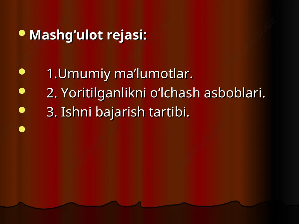 diatsiya – eletromagnit to‘lqin asosida tarqaladi. 300000 km/sek tezligi bilan va yer yuzasiga to‘g‘ri va tarqaluvchi radiatsiya shaklida tushadi. lyuksimetr yu-16, yu-116 lyuksmetr yu-116 cho’g’lanma lampalar va tabiiy yorug’liq orqali hosil bo’lgan yoritilganlikni o’lchash uchun mo’ljallangandir. lyuksimetr yu-16, yu-116 lyuksmetr – o’lchash asbobi va qoplamali alohida fotoelementdan tashkil topgan. asbobning ikkita shkalasi bor, biri 0 dan 30 lk gacha, ikkinchisi 0 dan 100 lk gacha o’lchashga mo’ljallangan. tabiiy yoritilganlik sun’iy yoritilganlik sun’iy yoritilganlik har bir shkalada nuqtalar bilan o’lchov diapazonining boshlanishi ko’rsalgan; 0-100 shkalasida bu nuqta 20 belgisining, 0-30 shkalasida esa 5 belgisining ustida joylashgan asbob strelkaning nol holatiga keltirish imkonini beruvchi korrektorga ega. selenli fotoelementining asbobga ulash joyi korpusning yondevorida joylashgan. fotoelement plasmassadan yasalgan korpus ichida bo’lib, o’lchovchi asbobga rozetkali shnur yordamida birikadi,bu o’z navbatida birikish polyarligi to’g’ri bo’lishini ta‘minlaydi /mabodo teskari ulansa asbob ko’rsatmaydi/. har bir shkalada nuqtalar bilan o’lchov diapazonining boshlanishi ko’rsalgan; 0-100 shkalasida bu nuqta 20 …