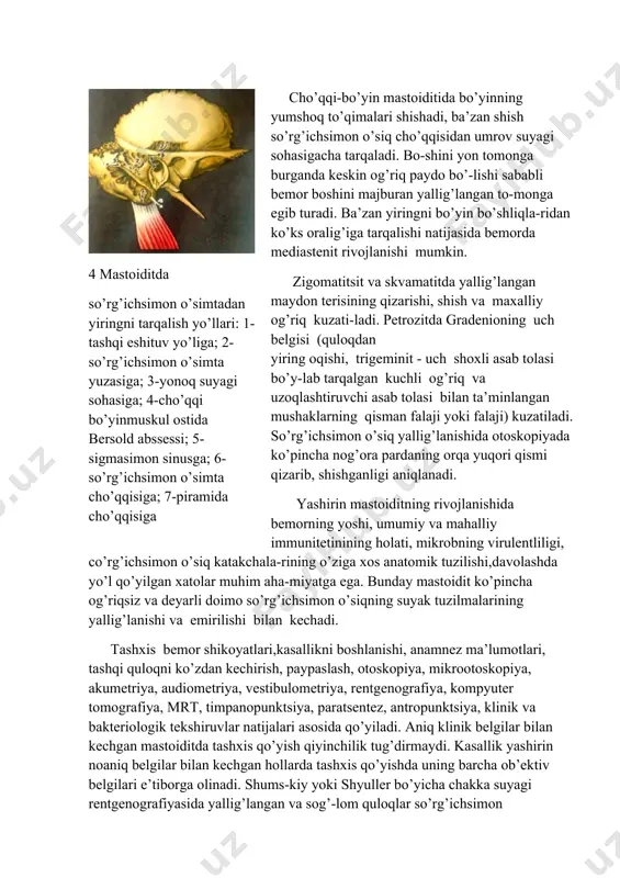 simon o’siq cho’qqisidan umrov suyagi sohasigacha tarqaladi. bo-shini yon tomonga burganda keskin og’riq paydo bo’-lishi sababli bemor boshini majburan yallig’langan to-monga egib turadi. ba’zan yiringni bo’yin bo’shliqla-ridan ko’ks oralig’iga tarqalishi natijasida bemorda mediastenit rivojlanishi mumkin. zigomatitsit va skvamatitda yallig’langan maydon terisining qizarishi, shish va maxalliy og’riq kuzati-ladi. petrozitda gradenioning uch belgisi (quloqdan yiring oqishi, trigeminit - uch shoxli asab tolasi bo’y-lab tarqalgan kuchli og’riq va uzoqlashtiruvchi asab tolasi bilan ta’minlangan mushaklarning qisman falaji yoki falaji) kuzatiladi. so’rg’ichsimon o’siq yallig’lanishida otoskopiyada ko’pincha nog’ora pardaning orqa yuqori qismi qizarib, shishganligi aniqlanadi. yashirin mastoiditning rivojlanishida bemorning yoshi, umumiy va mahalliy immunitetinining holati, mikrobning virulentliligi, co’rg’ichsimon o’siq katakchala-rining o’ziga xos anatomik tuzilishi,davolashda yo’l qo’yilgan xatolar muhim aha-miyatga ega. bunday mastoidit ko’pincha og’riqsiz va deyarli doimo so’rg’ichsimon o’siqning suyak tuzilmalarining yallig’lanishi va emirilishi bilan kechadi. tashxis bemor shikoyatlari,kasallikni boshlanishi, anamnez ma’lumotlari, tashqi quloqni ko’zdan kechirish, paypaslash, otoskopiya, mikrootoskopiya, akumetriya, audiometriya, vestibulometriya, rentgenografiya, kompyuter tomografiya, mrt, …