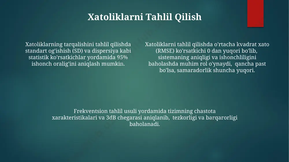 yordam beradi. ma'lumotlar bazasidagi 1000 dan ortiq ma'lumotlar nuqtalarini statistik tahlil qilish orqali sistemadagi yashirin trendlarni aniqlash va bashorat qilish mumkin. robustlik tahlili robustlik tahlili natijalarida, 5 dan kam bo'lgan faza marji qiymati tizimning beqarorligiga ishora qilishi mumkin, bu esa tizimning tuzilishi yoki parametrlarini qayta ko'rib chiqish zarurligini ko'rsatadi. sistemaning turli shovqinlarga va noaniqliklarga nisbatan sezgirligini aniqlashda, 2-tartibli tizimlar uchun faza marjasi va amplituda marji kabi ko'rsatkichlarni hisoblash orqali robustlik tahlili amalga oshiriladi. robustlik tahlili, tizimning 10% dan ortiq parametrlar o'zgarishiga qaramasdan, maqbul ishlashini ta'minlash qobiliyatini baholash uchun ishlatiladigan usul bo'lib, bu yerda 0.8 dan kam bo'lmagan darajada bajarilish koeffitsiyenti talab qilinadi. natijalarni ta'qdim etish va xulosa xulosa qismida, kamida 3 ta asosiy metrikaga asoslanib, boshqaruv tizimining samaradorligini umumiy baholash berilishi kerak. natijalarni grafiklar va jadvallar yordamida, masalan, 95% ishonch oralig'i bilan taqdim etish aniqlik va tushunarlilikni oshiradi. hisobotda 2 dan ortiq algoritm yoki usul sinovdan o'tkazilgan bo'lsa, ularning o'zaro …