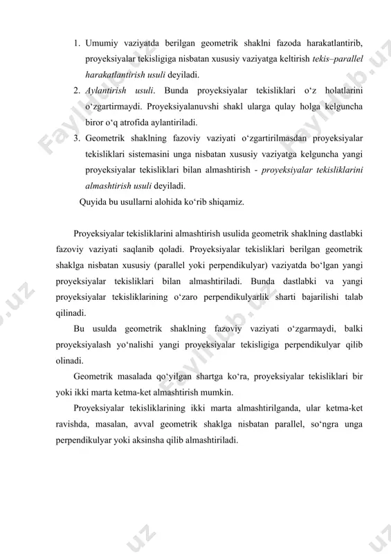 di (1.2,b–rasm). uning davomiga a″ax masofa qo‘yiladi. natijada, hosil bo‘lgan a′ va a″1 lar a nuqtaning yangi tekisliklar sistemasidagi proyeksiyalari bo‘ladi. frontal proyeksiyalar tekisligi yangi proyeksiyalar tekisligi bilan almashtirilganda nuqtaning z koordinatasi o‘zgarmaydi. a) b) rasm. h va v proyeksiyalar tekisliklari tizimida b nuqta b′ va b″ proyeksiyalari berilgan bo‘lsin (1.3,a–rasm). h tekislikni h1⊥v tekislik bilan almashtirsak, yangi tekisliklar tizimiga ega bo‘lamiz. b nuqtadan h tekislikka perpendikulyar o‘tkazib, bu nuqtaning b′1 proyeksiyasini yasaymiz. nuqtaning yangi tekisliklar tizimidagi chizmani yasash uchun (1.3,b–rasm) h1 tekislikni v tekislik bilan jipslashtiramiz. chizmada b nuqtaning yangi proyeksiyasini yasash uchun uning b″ proyeksiyasidan o1x1 ga o‘tkazilgan perpendikulyarning davomiga b′1bx1=b1bx masofa qo‘yiladi. natijada hosil bo‘lgan b′1 va b″ yangi tekisliklar tizimidagi b nuqtaning chizmasi bo‘ladi. demak, gorizontal proyeksiya tekisligi almashtirilganda, nuqtaning yangi gorizontal proyeksiyasida y koordinatasi o‘zgarmaydi. 3. proyeksiyalar tekisliklarini ketma-ket ikki marta almashtirish. ayrim geometrik masalalarni yechishda proyeksiyalar tekisliklarini ketma-ket ikki marta almashtirish zarur bo‘ladi. 1.4–rasmda …