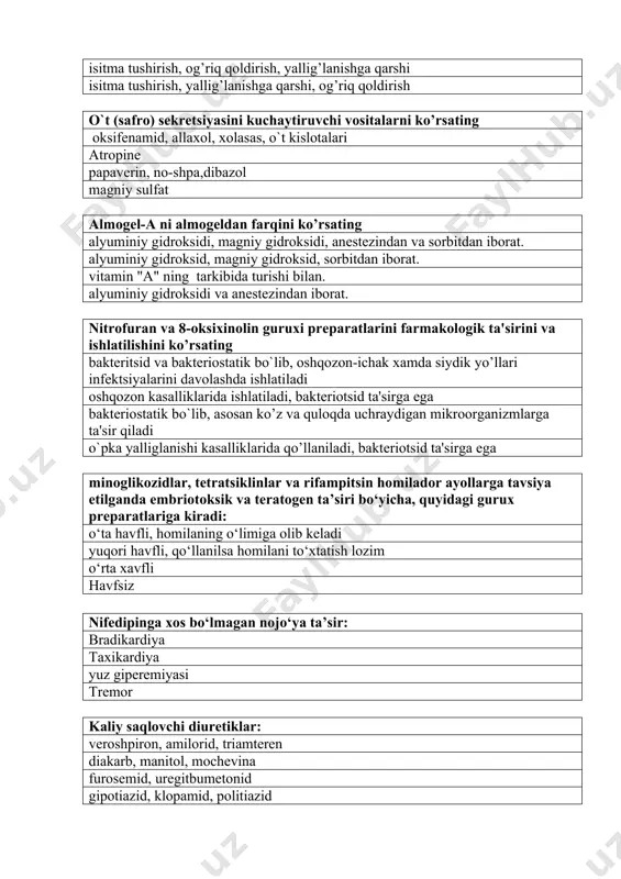 etik dv lar va metilksantinlarni bir vaqtda qo‘llaganda ,diuretiklarningta’siri: potensirlanadi (oshadi) ingibirlanadi (kamayadi) o‘zgarmaydi teskari ta’sir kutiladi veroshpironga xos bo‘lmagan nojo‘ya ta’sir: gipokaliemiya potensiyaning pasayishi genikomastiya dispepsik buzilishlar diuretiklarning qaysilari platsentadan o‘tmaydi, ko‘krak suti bilan ajralmaydi: diakarb, mannitol, mochevina gipotiazid, politiazid , klopamid, oksodalin furosemid, eufillin me’da va o`nikkibarmoq ichak yara kasalligini davolashda quyidagilardan qaysi biri ishlatilmaydi nostroid yalliglanishga qarshi vositalar antatsidlar gastroprotektorlar reparantlar sintetik surgi vositalariga moneliklarni ko`rsating jigar va buyrak kasalliklari qabziyatlar ovqat moddalari bilan zaxarlanish organizm holdan ketganda stenokardiya hurujida beriladigan dorini aniqlang. nitroglitserin. strofantin nitranol. nonaxlozin farmakokinetika nimani urgatadi. dori vositalarining organizmda taqsimlanishi. dori vositalarini davo ta’sirini urgatuvchi usullari dori vositalarining ta’sir mexanizmlari va farmakologic foydaligi. dori vositalarining organizmda uzaro ta’siri. gipertoniya kasalligida beriladigan neyrotrop ta’sirli dorini aniqlang ? rezerpin, klofilin papaverin,dibazol gipoteazid, furasimid kaptopril, magneziisulffat gipertonya kasalligi ishlatiladigan miotrop ta’sirli preparatlarni ko`rsating. dibazol, papaverin adelfan, brinerding klofelin, raunatin kaptopril, dopegit giperxrom anemiyada ishlatiladigan dorilarni aniqlang. …