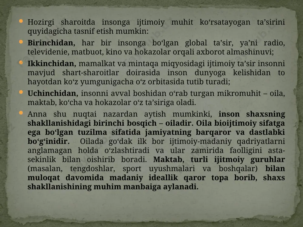 . tarbiya maqsadi asosida uning mazmuni asoslanib, maqsadni amalga oshirishga xizmat qiluvchi metod va usullar aniqlanadi. tarbiya maqsadining muammosi pedagogikaning dolzarb masalalaridan biri sanaladi. tarbiya maqsadi umumiy va individual harakterga ega bo‘lishi mumkin. ilg‘or pedagogika umumiy va individual maqsadlar birligi va uyg‘unligini namoyon etadi. maqsad tarbiyaning umumiy ijtimoiy maqsadni ijobiy hal etishga yo‘naltiriladi hamda aniq vazifalar tizimi sifatida namoyon bo‘ladi. demak, tarbiya maqsadi tarbiya jarayonini tashkil etish asosida hal etiladigan vazifalar tizimidir. tarbiya maqsadlari mohiyati va ko‘lamiga ko‘ra umumiy va aniq vazifalar sifatida guruhlanadi. tarbiya maqsadi qanday shakllanadi? uning shakllanishida ko‘plab ob’ektiv sabablar etakchi rol o‘ynaydi. organizmning fiziologik etilish qonuniyatlari, insonning ruhiy rivojlanishi, falsafiy va pedagogik fikrlar yutug‘i, ijtimoiy madaniyat darajasi maqsadga umumiy yo‘nalish beradi. biroq asosiy omil doimo davlat mafkura va siyosati bo‘lib qolaveradi. hozirgi paytda o‘zbekiston respublikasi rahbariyati yoshlar orasidan eng iqtidorli, salohiyatlilarini tanlab, saralab olib, ularni ilmiy, madaniy-ma’naviy jihatdan kamolotga erishishlari, zamonaviy fan-texnika asoslarini puhta o‘zlashtirib olishlari …