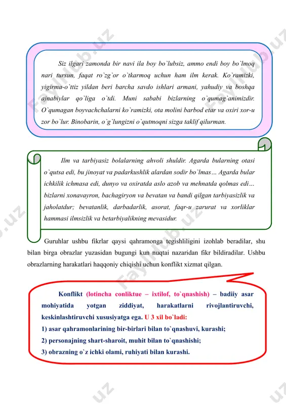 (yunoncha “harakat”) – keng ma’noda sahnada namoyish etish uchun mo`ljallangan asar. tragediya (yunoncha “echki qo`shig`i”) – qahramonlar o`rtasidagi kuchli ziddiyat asosiga quriladigan, qahramonlar taqdiri fojia bilan yakun topuvchi dramatik asar. ilmsizlik kishini jaholatga yetaklaydi, mahmudxo`ja behbudiy tili bilan aytganda, “dunyoda taraqqiy qilgan xalq ilm vositasida taraqqiy qiladi.” mani xayolimga dunyoning sababi, lazzati – boylik. oxiratga bo`lsa, xudoning qilgan taqdiri bo`lur. chunonchi, biz ko`ramizki, odamlar boyni mulladan ziyoda izzat qiladurlar. xususan, mana banklar ko`paydi. kata boylar chilen bo`lub, har kim chilenlarni izzat qilur, hatto ishi tushaturganlar chilen molini qimmat olur… siz ilgari zamonda bir navi ila boy bo`lubsiz, ammo endi boy bo`lmoq nari tursun, faqat ro`zg`or o`tkarmoq uchun ham ilm kerak. ko`ramizki, yigirma-o`ttiz yildan beri barcha savdo ishlari armani, yahudiy va boshqa ajnabiylar qo`liga o`tdi. muni sababi bizlarning o`qumag`animizdir. o`qumagan boyvachchalarni ko`ramizki, ota molini barbod etar va oxiri xor-u zor bo`lur. binobarin, o`g`lungizni o`qutmoqni sizga taklif qilurman. ilm va tarbiyasiz bolalarning …