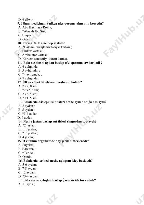 bala neshe aylıqtan baslap ǵárezsiz tik tura aladı? a. 11 ayda ; b. *12 ayda ; c. 8 ayda ; d. 10 ayda. 18. nárestelerdiń júregi neshe gramm boladı? a. 30 -35 gr; b. 15-20 gr; c. *20 -25 gr; d. 18-20 gr. 19. náreste 1 sutkada neshe ret siyedi? a. 10 -15 ret; b. 10 -18 marta ; c*. 20 -25 ret; d. 2-3 ret. 20. náresteler quwıǵınıń sıyımlılıqı neshe ml di quraydı? a. 500-600 ; b. *50-55; c. 500-400; d. 650-700. 21. 5 jaslı balanıń asqazan sıyımlılıqı neshe ml boladı? a. *600-900; b. 30 -34; c. 1300-1500; d. 1500-2000. 22. náreste óńeshining uzınlıǵı neshe sm boladı? a. *10 -11 sm; b. 20 -30 sm; c. 13-15 sm; d. 15-20 sm. 23. balada silekey bezi qaysı aydan aktivlesedi? a. 3 ay ; b. 8 ay; c. 9 ay; d. *4-5 aydan. 24. búyreklerdiń salmaǵı nárestelerde neshe gramm boladı? a. …