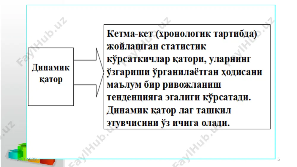 и. 17.11.2022 26 қуйида энг содда тренд тенгламалари келтирилган: тўғри чизиқли функсия шаклидаги тенглама кўрсаткичли функсия шаклидаги тенглама иккинчи тартибли параболасимон тенглама бу ерда: у t - қаторнинг назарий даражалари (“t бўйича текисланган игрек” деб ўқилади) t - вақтнинг шартли белгиси, одатда даврлар тариб сони билан белгиланади, яъни t : 1, 2, 3, ….. n . а0, а1 ва а2 - аналитик функсия кўрсаткичлари (тенглама номаълум ҳадлари) 17.11.2022 27 тўғри чизиқли тренд тенгламаси қатор даражалари ўртасидаги мутлақ фарқлар (мутлақ ўсишлар) деярлик ўзгармас миқдор (константа) бўлса ёки бир биридан жуда кам тафовутланса, яъни даражалар арифметик прогрессия ёки унга яқин шаклда ўзгарса, уларни вақтининг тўғри чизиқли функсияси деб қараш мумкин. у = а0 + а1t бу изланаётган тўғри чизиқнинг а0 ва а1 параметрлари (тенглама номаълум ҳадлари) кичик квадрат усул ёрдамида нормал тенгламалар тизимини тузиб ечиш йўли билан аниқланади: 17.11.2022 28 na0 + a1t =  y a0  t + a1  …