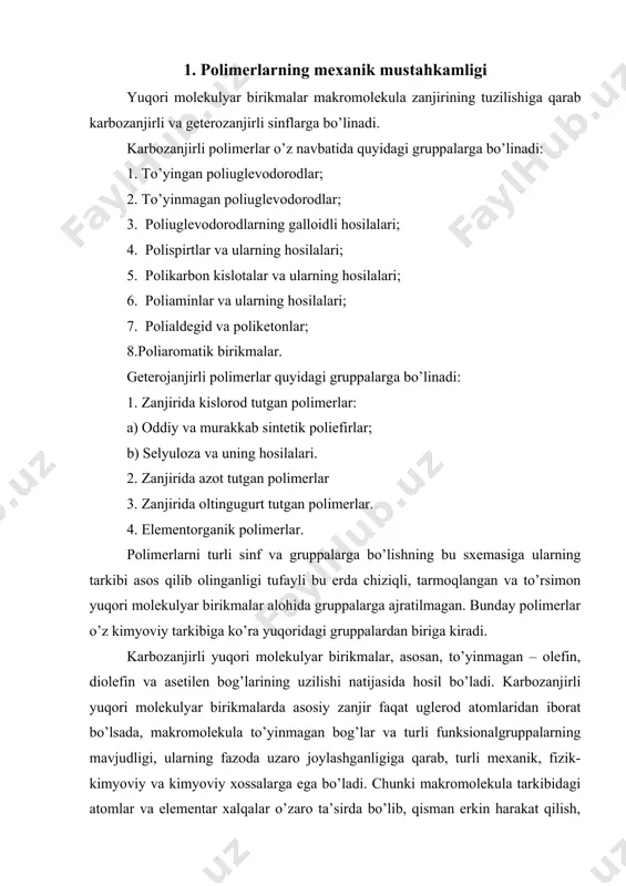 ndagi atomlarning erkin harakatlanishi uchun imkoniyat bersa, ikkinchi tomondan qo’shni makromolekula bilan o’zaro ta’sir kuchini ham orttiradi. shu bilan birga bu hol makromolekulada yangi-yangi izomerlar va optik faol atomlar sonining ko’payishiga sabab bo’ladi. polietilen karbozanjirli polimerlarning eng oddiy vakili hisoblanadi. uning molekulalari parafin uglevodorodlardagi kabi uzun polimetilen xalqalaridan iborat. shuning uchun bu polimer o’zining ko’p xossalari bilan parafinlarni eslatadi. uning makromolekulalari va elementar xalqalari o’zaro van-der-vaal’s kuchlari ta;sirida bo’ladi. bu ta’sir ancha kuchsiz bo’lganligi tufayli gruppalar orasidagi masofaning kattalashishi bilan u tezda kamayib ketadi. polietilenning boshqa polimerlarga nisbatan ancha yumshoqligi, mumga o’xshash xossalari va suyuqlanish temperaturasining pastligi ham shundadir. agar polietilenning metilen gruppasidagi vodorod atomlari boshqa radikal bilan almashsa (masalan, polistirol, poliizobutilen) makromolekula zanjirining o’zaro joylashish zichligi juda kamayadi. masalan poliizobo’tilen hatto xona temperaturasida ham kauchuksimon bo’lib, o’zining boshlang’ich uzunligiga nisbatan 15 martagacha cho’zila oladi. u tashqi ko’rinishi jihatdan ham parafin va mumga o’xshaydi. demak yon zanjirdagi metil gruppalar elementar …