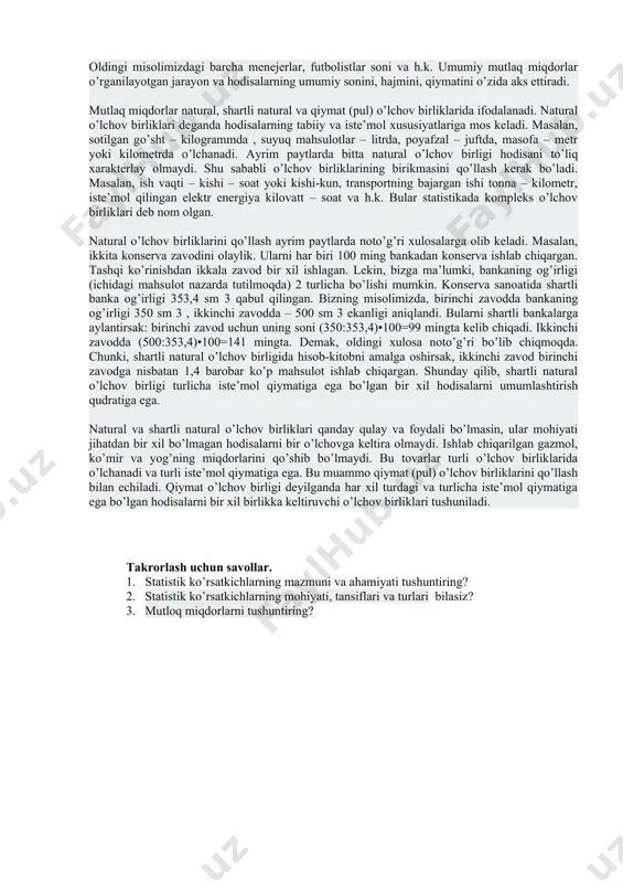 ing sifat natijalari bilangina qiziqarlidir. quruq raqamlar bilan ishlash. oddiy qiziquvchanlik predmeti hisoblanadi va u na nazariy, na amaliy jihatdan diqqatga sazavoremas statistik ko’rsatkichlar deb ma’lum makon va zamon sharoitida ommaviy hodisa va jarayonlarning holatini, rivojlanishini, tuzilishini, o’zaro bog’lanishlarini ifodalovchi me’yorlar yuritiladi. statistik ko’rsatkichlar tizimi deganda ommaviy jarayonlarni va ularning belgilarini o’zaro bog’lanishda aks ettiruvchi bir-biri bilan bog’langan ko’rsatkichlar majmuasi tushuniladi. statistika o’rganadigan ommaviy hodisa va jarayonlar rang-barangligi bilan ajralib turadi. ularning belgilari ham turli-tumandir. shuning uchun son-sanoqsiz statistik ko’rsatkichlar mavjud, ularning turlari ham ko’p. o’z-o’zidan ravshanki, ularni birma-bir qarab chiqib bo’lmaydi. shu sababli statistik ko’rsatkichlarni umumlashtirish, ma’lum tartibga solish, muhim tomonlariga qarab tasniflash zaruriyati tug’iladi. 3.2-tarhda bunday tasniflash keltirilgan. 14.3. statistik ko’rsatkichlarning mohiyati, tansiflari va turlari statistik ko’rsatkichni olimlar har xil tushunishadi. n.soatov statistik ko’rsatkichni o’rganilayotgan hodisa va jarayonni me’yoridir 1 deb hisoblaydi, merestini fikricha statistik ko’rsatkich-hodisa tasvirini adekvat ifodalovchi miqdorlardir. oxirgi tarifga juda ko’pchilik qo’shiladi. statistik ko’rsatkichlarni shakllantirishda, …