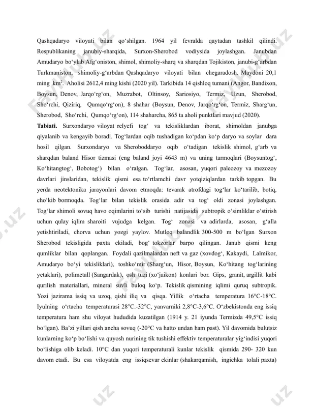 ishlar uchrab turibdi”,- dedi u. deputatning aytishicha a-373 yo‘lidagi 3 km yo‘l ham 2020 yil yakuniga qadar ta’mirlanishi belgilangan. biroq bu hanuz yakunlanmagan, axborotlarda esa 2021 yil oxirigacha tugatish qayd etilmoqda.bugungi kunda o‘zbekiston respublikasi avtomobil yo‘llari tarmog‘ining umumiy uzunligi 184 122 kmga yaqin bo‘lib, shundan umumiy foydalanishdagi avtomobil yo‘llari 42 869 km ni, ichki xo‘jalik yo‘llari 71324 km ni, shaharlar, tuman markazlari va aholi yashash joylari yo‘llari va ko‘chalari 69929 km ni tashkil qiladi.prezidentning “2020—2030-yillarda o‘zbekiston respublikasining avtomobil yo‘llarini rivojlantirish strategiyasini tasdiqlash to‘g‘risida”gi qarori loyihasi e’lon qilindi. strategiyaning asosiy maqsadi – avtomobil yo‘llari tarmog‘ini rivojlantirish va takomillashtirishning, ularning ekspluatatsiya qilish xususiyatlarini oshirishning iqtisodiyot barqaror va ildam rivojlanishiga, respublika mudofaa qobiliyati va iqtisodiy xavfsizligi mustahkamlanishiga, aholi turmush darajasi o‘sishiga ko‘maklashadigan yo‘nalishlari, yondashuvlari va mexanizmlarini belgilab olish. surxondaryo viloyatining tabiiy iqlim sharoiti surxondaryo viloyati – o‘zbekiston respublikasi tarkibidagi viloyat. 1941 yil 6 martda tashkil etilgan (1925 yil 29 iyundan surхondaryo okrugi bo‘lgan). …