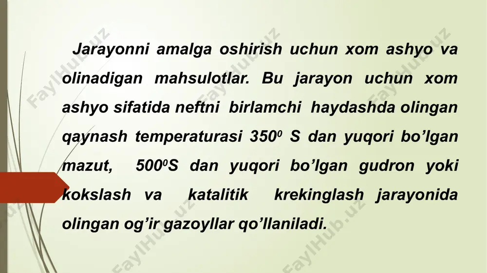 qoldiq bitum ishlab chiqarishda ishlatiladi. vakuum kolonnada termogazoylnit chiqishi 72% (mass xom ashyo). asosiy jihozlarning ish rejimi 2-jadval. harorat, 0c bosim mpa, 2 – pech kirish 390-410 5,0-5,6 chiqish 490-500 2,2-2,8 3 – pech kirish 290-320 5,0-6,6 chiqish 530-550 2,3-2,9 4 – reaktor yuqorisi 495-500 2,0-2,6 pasti 460-470 - 7 – yuqori bosimli bug’latgich yuqorisi 450-460 1,0-1,3 pasti 430-440 - 11 – rektifikastion kolonna yuqorisi 180-220 - karman 300-330 0,9-1,3 pasti 390-410 - 12 – kolonna yuqorisi 170-200 - pasti 400-415 0,25-0,40 17 – kolonna chiqishda 305-345 0,007-0,013 yuqorida 70-90 - pastda 300-320 - qurilmaning moddiy balansi 3-jadval i ii olingan xom – ashyo 100,0 100,0 olingan mahsulot, (mass) % gaz 5,0 5,0 boshlang’ich fraksiya 1,3 1,3 benzin fraksiyasi 20,1 20,1 termogazoyl 24,2 52,6 kreking qoldiq 48,3 19,9 yo’qotishlar 1,1 1,1 jami : 100,0 100,0 neft xom ashyosi pirolizi neft va gaz ko’rinishidagi xom ashyolarni termik krekinglashni, yana bir ko’rinishi …