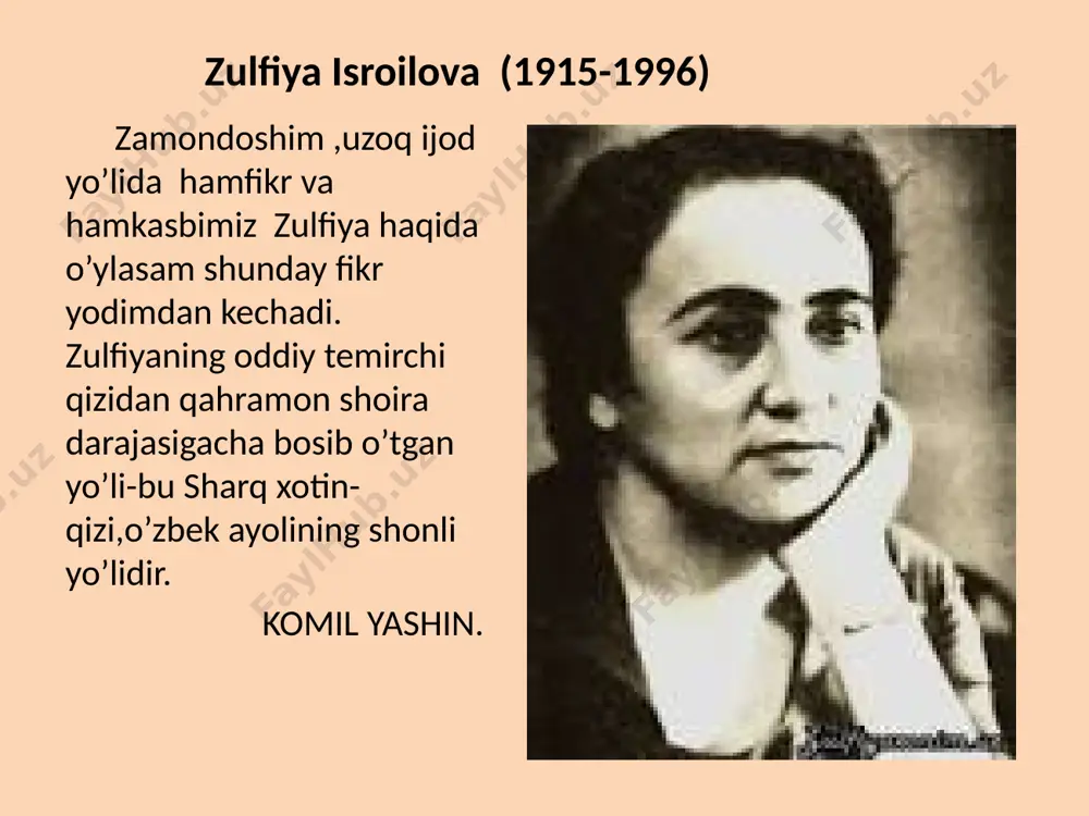 ming o’chsin jahonda, qaldirg’ochning mayin qanoti hamon bitmas sen solgan alam. o’spirinim toza ko’ksida sen tufayli ko’p xonadonda kunda oshar yangi his toti. ota nomli buyuk shodlik kam. bo’yi oshib ketdi bo’yimdan, yulding ota demak baxtini bosa olar ko’ksiga boshim. juda murg’ak go’daklarimdan, sevgim ko’rib bergan uyimda yaxshi ham bor shunday vatani, osdi mening katta yo’ldoshim. dalda bo’ldi yuraklarimga. yurak to’la shodlik,mehr,baxt, ota bo’lib soldim men yo’lga, uning ko’zlariga boqaman. ona bo’lib mehrimga oldim. nigohiday tiniq va yorqin mana, yurtga o’g’il o’stirgan orzu to’lqinida oqaman. bir davlatmand boy bo’lib qoldim. bog’lar qiyg’os gulda bog’lar qiyg’oz gulda- yaxlit bir chaman, har daraxt anvoyi bir tarovatda. bir kaft bog’ mehnat-u hosilga vatan, o’zga ko’rk ,o’zga rang har-bir daraxtda. har navda bir gulda,har gulda bir ro’y. har daraxt bargi bir dunyo hikoya. har birin hosili o’zgasiga ko’rk, biri biri uchun qudrat ,himoya. vatanim ko’zimda:qay burchi aziz, bilmam,qayda tole serzavq,serjilo? yalpi to’lishadi bedaxl yurtimiz, …