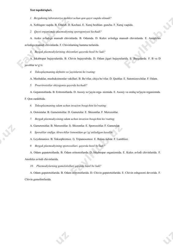 arim oysimon sporozoitlar hisoblanadi. sporozoitlar qon orqali, jigar va retikulo-endotelial sistema hujayralariga kiradi, yumaloqlashib shizontlarga aylanadi va 6-8 kun davomida proeritrotsitar shizogoniya jarayoni kechadi. shizogoniya natijasida merozoitlar hosil bo'ladi (1 ta shizontdan 1000-5000 gacha merozoitlar). jigar hujayralari parchalanganidan keyin merozoitlar yana qonga tushadi va eritrotsitlar ichiga kiradi. shu vaqtdan boshlab endoeritrotsitar shizogoniya boshlanadi. eritrotsitlarda merozoitlar shizontlarga aylanadi, ketma-ket uzuksimon, amyobasimon shizontlar va shizogoniya bosqichlarini o'tadi. pl. vivaxda-22, pl. malariaeda 6-12, pl. falsiparumda 12-18 merozoitlar hosil bo'ladi. eritrotsitlar parchalanishidan keyin merozoitlar boshqa eritrotsitlarga kiradi. chivin odam 64- rasm. bezgak plazmodiyasining hayot sikli. 1—sporozoitlarning chivin so‘lak bezidan chiqib jigar hujayralariga kirishi; 2-4—jigar hujayralarida to‘qima shizogoniyasi; 5-10—eritorotsitar shizogoniya; 11—16—gametogoniya; 17—urg‘ochilik gametasi; erkaklik gametalari hosil bo‘lishi; 19—otalanish; 20—21—otalangan hujayraning chivin oshqozoni devoriga birikishi; 22—24—ootsista rivojlanishi; 25—yetuk ootsista yorilishi, sporozoitlar chiqishi; 26—chivin so‘lak bezida sporozoitlar. shizogoniya ma’lum vaqtlarda ritmik takrorlanib turadi. pl.vivax va pl. falsiparumda har 48 soatdan keyin (3 kunlik bezgak), pl.malariya esa 72 …
