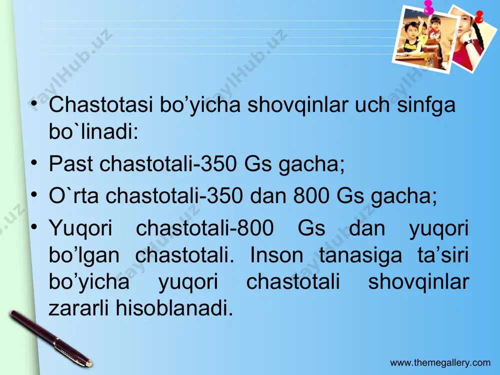 ni tashkil etadi www.themegallery.com shovqinning uzoq muddatli ta'siri natijasida inson organizmiga o‘zining ta'sirini etkazadi. shovqinning inson organizmiga ta'siri natijasida insonning eshitish qobiliyati pasayadi, nerv va yurak sistemalarining ish faoliyati buziladi va tez toliqish, uzini zaif his etish alomatlari sezilib turadi. izlanishlar va tajribalar shuni ko'rsatadiki, shovqinning inson organizmiga ta'siri natijasida inson organizmidagi o`zgarishlar - zaharli moddalar ta'siridan ham kuchli hisoblanadi. shovqin paydo bo`lish asosida - egiladigan (plastik) jismlarning mexanik tebranishlari turadi. eshitish organlari 16-20000 gs li tovush tebranishlarni qabul qiladi. 1-16 gs chastotali tebranishlar- infratovushlarga, 20000 gs tebranishlar-ultratovushlarga kiradi. fiziologik nuqtai nazardan inson - past, o`rta va baland tovushlarni farq qiladi. biz har kun eshitadigan tovushlar bir-biridan farq qiladi. inson quloqlarining sezuvchanligi tovush chastotalariga bogliqdir. www.themegallery.com www.themegallery.com insonni doimiy yuqori intensivlikdagi shovqin ta’sirida bo‘lishi uning sog‘ligiga ta’sir etadi, u tez charchaydi, psixologik reaksiya tezligi kamayadi, xotirasi susayadi. shuningdek, shovqin insonning diqqatini bir joyga jamlashiga xalaqit qiladi, harakatning aniqligini va muvozanatini …