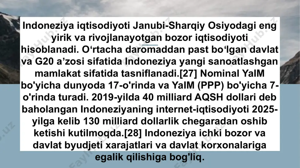 ki mahsulot (yaim) bo'yicha umumiy ahvolidan dalolat beradi. jahon sog'liqni saqlash tashkiloti (jsst) ma'lumotlariga ko'ra, har qanday mamlakatning hayot sifatiga mahalliy tushunchalar, madaniy qadriyatlar va e'tiqodlar ta'sir qilishi mumkin. yashash narxi ham hayot sifatiga ta'sir qiluvchi yana bir omil hisoblanadi, chunki u mamlakatdagi o'rtacha odamning qancha daromad olishini aniqlaydi. muayyan mamlakatda hayot sifati darajasini belgilaydigan asosiy reytinglar to'plami inson taraqqiyoti indeksidir (hdi). inson taraqqiyoti indeksi bmt tomonidan yaratilgan va uni kuzatib boradi. oxirgi hdi reytingiga ko'ra, indoneziyaning hayot sifati mumkin bo'lgan 1 balldan 0,694 ball bilan dunyoda qo'shma-116-o'rinni egalladi. bu reyting va ball indoneziyaning o'rtacha insoniy rivojlanish darajasiga ega mamlakat sifatidagi o'rinni egallashini ham anglatardi. indoneziyanikiga o'xshash hayot darajasiga ega bo'lgan mamlakatlar orasida misr, vetnam, janubiy afrika va boliviya bor. enter title here, consectetuer adipiscing elit. maecenas porttitor tnanks image3.jpeg image1.png image4.jpeg image5.jpeg image6.jpeg image2.png