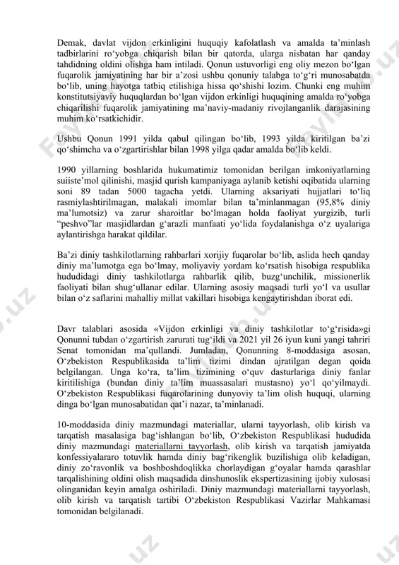 addas sanalishi barqaror bo‘lmog‘i shart. muayyan insonning qadr-qimmati, odamlar orasidagi mehr-oqibat, samimiylik, axloqiy poklik, insofu adolat va insonparvarlik kabi eng ezgu umuminsoniy qadriyatlar fuqarolik jamiyati hayotining haqiqiy mezonlaridir. shuning uchun ham, o‘zbekistonda kechayotgan davlat va jamiyat qurilishi jarayonida tom ma’nodagi vijdon erkinligini ta’minlashga alohida urg‘u berilmoqda. davlatimizning vijdon erkinligiga munosabati – o‘zbekiston respublikasi konstitutsiyasining 35-moddasida mustahkamlab qo‘yilgan qoidada o‘zining aniq huquqiy-qonuniy ifodasini topgan. demak, «vijdon erkinligi» degan tushunchaning mazmun-mohiyati xohlagan dinga e’tiqod qilish huquqidan tashqari, hech qanday dinga e’tiqod qilmaslik ixtiyorini ham qamrab oladi. har bir fuqaro haqli bo‘lgan bunday huquqning buzilmasligi uchun mazkur modda “diniy qarashlarni majburan singdirishga yo‘l qo‘yilmaydi” degan muhim qoida bilan to‘ldirilgan. buning zamirida vijdon erkinligiga nisbatan har qanday tahdidni bartaraf etish istagi yotadi. o‘zbekiston respublikasi konstitutsiyasida aniq belgilab qo‘yilgan davlat va jamiyat qurilishining bosh maqsadlardan biri – inson farovonligi ta’minlangan, ijtimoiy adolat va qonuniylik ustuvorlik qiladigan, barcha fuqarolar bir xil huquq va erkinliklarga ega bo‘lgan, …