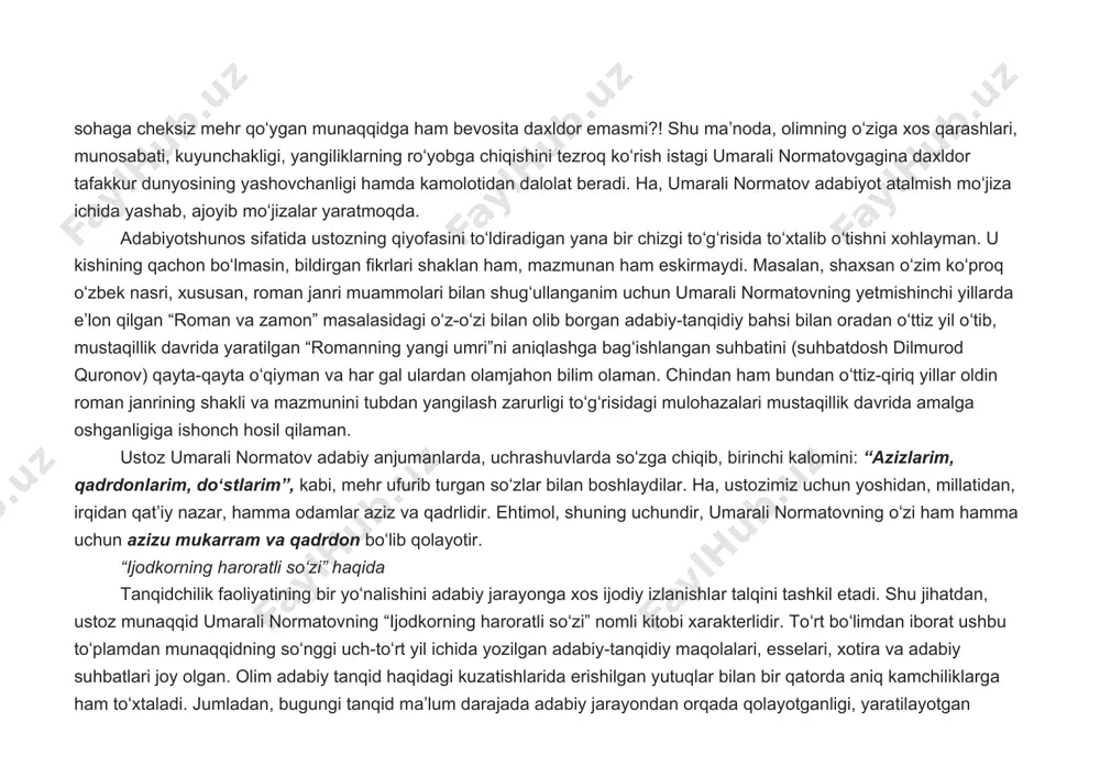 rgan moʻjizakor meros darajasiga mos kelarmikan? qodiriydek soʻz zargari “qalamim ojizdir” deb turganida, kamina kabi bir gʻarib munaqqid (taʼkid bizniki – y. s.) bu ishni qoyillatdim deyishga yoʻl boʻlsin!” deb oʻquvchidan uzr soʻraydi. yozuvchilar va hamkasblar bilan boʻlgan suhbatlarda esa munaqqidning qulfi-dili yanada ochilib ketadi. eʼtibor berilsa, bu suhbatlar hozirgi adabiy jarayonda nazariya masalasining oʻrganilishi, tadqiq etilishi va badiiy asarga tadbiq qilinishi muammolariga bagʻishlangan. ularda ilgari surilgan nazariy fikrlar adabiyotshunos umarali normatovning tez surʼatlar bilan yangilanayotgan, jahon tamadduni bilan boʻylashayotgan badiiy adabiyotning sir-asrorini oʻrganish, undan orqada qolmaslik uchun tinmay izlanayotganidan dalolat beradi. yana shuni alohida taʼkidlash oʻrinliki, oʻzbek adabiy tanqidchiligida adabiy suhbat janrining vujudga kelishi umarali normatov nomi bilan bevosita bogʻliqdir. umarali normatov hozirgi adabiy jarayonda roʻy berayotgan ijobiy oʻzgarishlar, yangilanayotgan nazariy tamoyillar toʻgʻrisida shu qadar toʻlib-toshib, his-hayajonga berilib ketadiki, agar suhbatdoshi ustozni vaqti-vaqti bilan toʻxtatib, muhokama qilinayotgan mavzu va muammo oʻzaniga solib turmasa, bir necha kun boʻlsa ham gapiraveradi. …