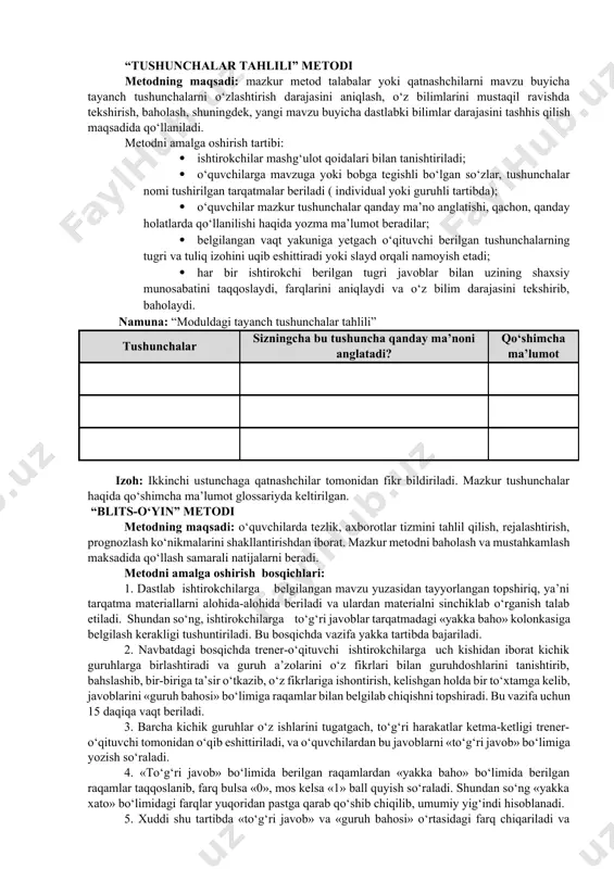 shli bo‘lgan so‘zlar, tushunchalar nomi tushirilgan tarqatmalar beriladi ( individual yoki guruhli tartibda); · o‘quvchilar mazkur tushunchalar qanday ma’no anglatishi, qachon, qanday holatlarda qo‘llanilishi haqida yozma ma’lumot beradilar; · belgilangan vaqt yakuniga yetgach o‘qituvchi berilgan tushunchalarning tugri va tuliq izohini uqib eshittiradi yoki slayd orqali namoyish etadi; · har bir ishtirokchi berilgan tugri javoblar bilan uzining shaxsiy munosabatini taqqoslaydi, farqlarini aniqlaydi va o‘z bilim darajasini tekshirib, baholaydi. namuna: “moduldagi tayanch tushunchalar tahlili” tushunchalar sizningcha bu tushuncha qanday ma’noni anglatadi? qo‘shimcha ma’lumot izoh: ikkinchi ustunchaga qatnashchilar tomonidan fikr bildiriladi. mazkur tushunchalar haqida qo‘shimcha ma’lumot glossariyda keltirilgan. “blits-o‘yin” metodi metodning maqsadi: o‘quvchilarda tezlik, axborotlar tizmini tahlil qilish, rejalashtirish, prognozlash ko‘nikmalarini shakllantirishdan iborat. mazkur metodni baholash va mustahkamlash maksadida qo‘llash samarali natijalarni beradi. metodni amalga oshirish bosqichlari: 1. dastlab ishtirokchilarga belgilangan mavzu yuzasidan tayyorlangan topshiriq, ya’ni tarqatma materiallarni alohida-alohida beriladi va ulardan materialni sinchiklab o‘rganish talab etiladi. shundan so‘ng, ishtirokchilarga to‘g‘ri javoblar tarqatmadagi …