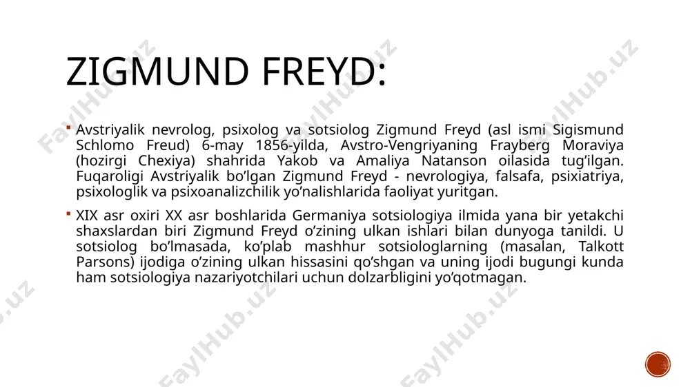 g’in qilgani, barcha yahudiylar qatori olimni ham jismonan mahv etish payiga tushgani bo’ldi. shogirdlari olimni mamlakatni tark etishga har qancha da’vat qilmasin, freyd bunga ko’nmaydi. biroq, 1938-yilda avstriya germaniyaga qo’shib olinganidan so’ng, boyagi quvg’inlar o’ta xatarli tus oladi: qizi anna freyd xibsga olinadi, freydning o’zi gestapoga so’roqqa chaqiriladi. nihoyat, angliyaga ketishdan boshqa iloji qolmagan zigmund freyd, aqsh prezidenti franklin ruzvelt aralashuvu, gretsiya va daniya qirolichasi mari bonapartning (olim uni davolagan, ilm o’rgatgan edi) moliyaviy ko’magi bilan (hukumat ko’chishni istagan yahudiylardan “german hukumati oldidagi qarzni undirish” bahonasi bilan juda katta pul talab qilgan!) tug’ilgan yurtini tark etadi. zigmund freyd umrining so’nggi oylarini angliyada o’tkazadi. u buqoq saratoniga chalingan edi. olimning ahvoli tobora og’irlashib, 1939-yilning sentyabrida, 83 yoshida vafot etgan. zigmund freyd bajargan ishlar: freydning tarjimai holi, ilmiy izlanishlari, hamkasblari bilan munosabatlariga oid qiziqarli ma’lumot va tafsilotlar shu qadar ko’pki, ularning hammasiga to’xtalib o’tishning imkoni yo’q. shuning uchun ham endi e’tiborimizni olim …