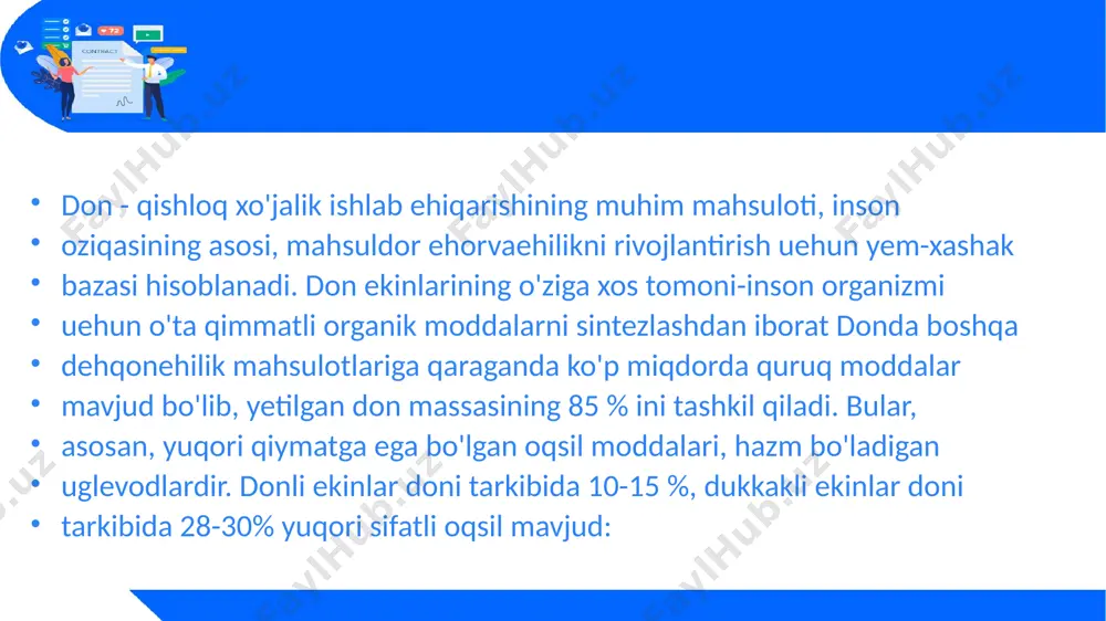 e1tirilgan donda o'rib olishdan keyingi yeti/ish jarayoni deb ataluvchi faol biologik jarayonlar sodir bo'ladi. bu jarayonning davomiyligi don o'simligining turi va navi, uni saqlash sharoitlariga qarab 2-3 kundan 10-16 kungacha davom etadi. donni saqlash. donga tegishli standartlar. barcha don ekinlariga mos tarzda standartlar tasdiqlangan. bug'doyga bitta standart-gost 9353 tasdiqlangan. javdar uchun donga qo'yiladigan talablar va uning maqsadli qo'llanilishiga ko'ra bir necha standartlar tasdiqlangan. masalan, gost 9353 - davlat tayyorlash tizimi tomonidan g'amlabqo'yish hamda omixta yem ishlab chiqarish uchun mo'ljallangan bug'doy doni uchun joriy qilingan. standart bug'doyni botanik alomatlari, rangi va shaffofligiga ko'ra tip va podtiplarga, sifati bo'yicha klasslarga bo'linadi, asosiy don va aralashmalar tarkibini belgilaydi, maqsadli qo'llaniladigan donga doir talablar qo'yiladi. standartda donni qabul qilish, tashish, saqlash qoidalari va uning sifatini aniqlash uslublari keltirilgan. donga tegishli standartlar. image1.jpg image4.jpeg image5.jpeg image2.png /docprops/thumbnail.jpeg