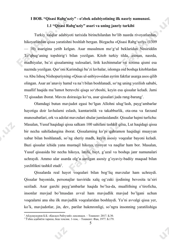 ik, ota-ona va farzand munosabatlari, erk va adolat mavzulari shular jumlasidandir. qissalar hajmi turlicha: masalan, yusuf haqidagi qissa salkam 100 sahifani tashkil qilsa, lut haqidagi qissa bir necha sahifadangina iborat. qissalarning ko’pi qahramon haqidagi muayyan xabar bilan boshlanadi, so’ng sheriy madh, keyin asosiy voqealar bayoni keladi. bazi qissalar ichida yana mustaqil hikoya, rivoyat va naqllar ham bor. masalan, yusuf qissasida bir necha hikoya, latifa, bayt, g’azal va boshqa janr namunalari uchraydi. ammo ular asarda olg’a surilgan asosiy g’oyaviy-badiiy maqsad bilan yaxlitlikni tashkil etadi[footnoteref:7]. qissalarda real hayot voqealari bilan bog‘liq mavzular ham uchraydi. qissalar bayonida, personajlar tasvirida xalq og‘zaki ijodining bevosita ta’siri seziladi. asar garchi payg’ambarlar haqida bo’lsa-da, muallifning e’tiroficha, insonlar mavjud bo’lmasdan avval ham mavjudlik mavjud bo’lgani uchun voqealarni ana shu ilk mavjudlik voqealaridan boshlaydi. ya’ni avvalgi qissa yer, ko’k, mavjudotlar, jin, dev, parilar hukmronligi, so’ngra insonning yaratilishiga ehtiyoj tug’ilishi voqealaridan boshlanadi. bu voqealar konkret ilmiy xarakterga ega bo’lmasa-da, lekin …