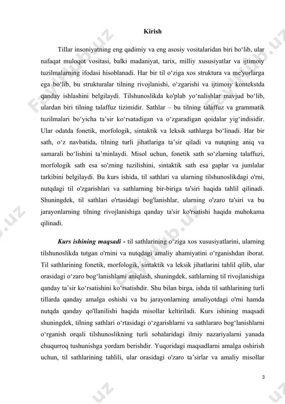 rining nazariy asoslari 1.1. til sathlari va ularning tasnifi til sathlarining nazariy asoslari lingvistikaning tilni o‘rganish jarayonidagi turli darajalarini tushunish uchun muhim bo‘lib, har bir sath tilning o‘ziga xos qismlarini o‘rganadi va ularning qanday ishlashini tahlil qiladi. har bir sath tilning alohida jihatlarini o‘rganishda muhim ahamiyatga ega va ular birgalikda tilning umumiy struktura va funktsiyalarini tashkil etadi. fonologiya tilning tovush tizimi va tovushlarning bir-biri bilan qanday munosabatda bo‘lishini o‘rganadi. fonologik sathda tilning eng kichik ma'noli birliklari bo‘lgan fonemalar tahlil qilinadi. fonemalar tovushlar bo‘lib, ular so‘zning ma'nosini farqlashda asosiy rol o‘ynaydi. misol uchun, "tosh" va "to‘sh" so‘zlaridagi "s" va "‘" tovushlari o‘rtasidagi farq ma'noni o‘zgartiradi. fonologik sathda shuningdek, fonotaksis, ya'ni tovushlarning qanday tartibda kelishi va bir-biriga qanday moslashishi o‘rganiladi. bunda, tilning o‘ziga xos tovush kombinatsiyalarining qanday qonuniyatlarga asoslanganligi tahlil qilinadi[footnoteref:1]. [1: ne'matov h., bozorov o. til va nutq. —т., 1993] morfologiya tilning tarkibiy qismlarini, ya'ni morfemalarni o‘rganadi. morfema tilning ma'noli eng …