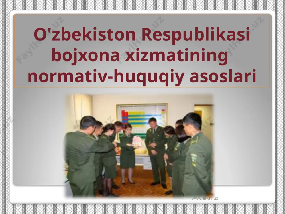 a nazoratini amalga oshirish; - moliya, bank va boshqa tashkilotlardan, shuningdek yuridik va jismoniy shaxslardan eksport-import operatsiyalarini amalga oshirish bilan bog’liq bo’lgan axborot va hujjatlarni hamda qonun hujjatlarida belgilangan boshqa axborotni olish; www.arxiv.uz - bojxona nazoratidan o’tkazish maqsadida tovarlar hamda boshqa buyumlardan namuna va nusxalar olish; - bojxona nazoratidan o’tkazilishi lozim bo’lgan tovarlar saqlanayotgan hududlarga va binolarga belgilangan tartibda kirish; - bojxona haqidagi qonun hujjatlarining buzilishiga doir materiallarni belgilangan tartibda ko’rib chiqish hamda jismoniy va yuridik shaxslarni qonun hujjatlariga muvofiq javobgarlikka tortish; www.arxiv.uz - eksport qilinishi man etilgan buyumlar va mahsulotlar o’zbekiston respublikasidan tashqariga olib chiqib ketilayotganda, shuningdek aktsiz markalari qo’yilmagan tamaki mahsulotlari va alkogolli ichimliklar o’zbekiston respublikasi hududiga olib kirilganda, transportirovka (xalqaro tranzit bundan mustasno) qilinganda va saqlanganda ularni (xo’jalik yurituvchi sub’ektlarga nisbatan sud tartibida) musodara etish to’g’risida qaror qabul qilish; www.arxiv.uz - bojxonaga oid huquqbuzarliklarning bevosita predmeti bo’lgan tovarlar va transport vositalarini qonun hujjatlarida belgilangan hollarda va tartibda …