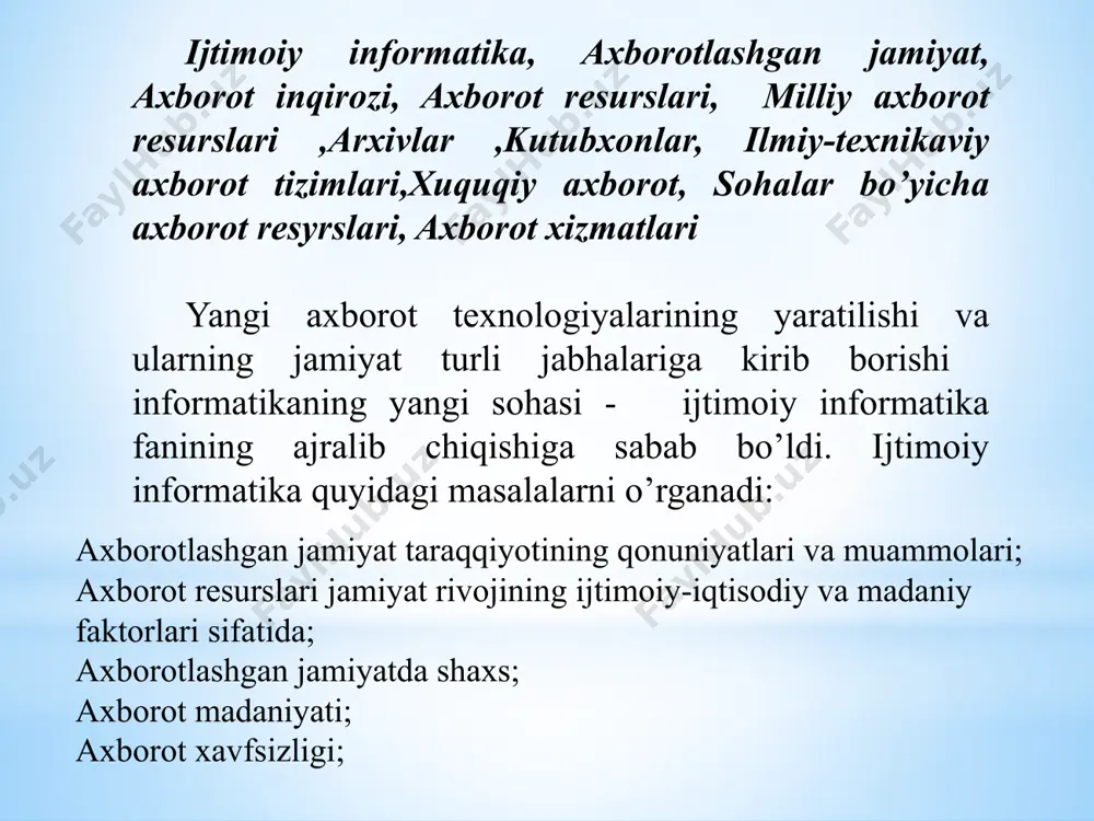lish imkonini berdi.insoniyat taraqqiyotining aynan shu bosqichi “globallashuv” jarayonining debochasi bo’lib qoldi. axborot uzatish vositslarining taraqqiyoti tezkor va ishonchli aloqa vositalariga muxtoj bo’lgan fan va texnikaning gurkirab rivojlanishiga olib keldi. to’rtinchi information inqilob ( xx asrning 70–yillari) mikroprotsessorli texnika va xususan, personalkompyuterlarning paydo bo’lishi bilan bog’liq.shuni ta’kidlab o’tish lozimki, axborot revolyutsiyasiga хх asr o’rtalarida kompyuterlarning paydo bo’lishi emas, mikroprotsessorli tizimlarning keng tarqalishi sabab bo’ldi. ushbu jarayon axborotlarni saqlash va izlash tizimlarini radikal o’zgartirib, kompyuterli telekommunukatsiyalarning paydo bo’lishi va rivojlanishiga olib keldi. aynan to’rtinchi information inqilob “axborotlashgan jamiyat” rivogiga asos soldi. axborot katta oqimlarining vujudga kelishi vujudga kelishiga: bilimlarning turli sohalari bo’yicha davriy nashrlarning ko’payib borishi; masalan, хх asr boshlarida ilmiy xodim uchun fizika sohasida chop etiladigan 10 tagacha oylik jurnal bilan tanishib borish etarli hisoblangan bo’lsa, asr oxiriga kelib, bu ro’rsatkich 100 ga etdi. ilmiy va amaliy faoliyat natijalari e’lon qilinadigan kitob, xujjatlar, hisobotlar, dissertatsiyalar va boshqalar miqdorining katta tezlik …