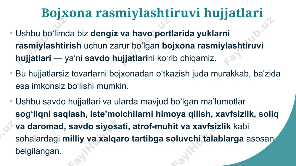 un maxsus ekologik sertifikatlar va tabiatni muhofaza qilish hujjatlari talab qilinadi. karantin tekshiruvlari: ayrim o‘simliklar va hayvonlar uchun karantin tekshiruvlari talab qilinadi, bu esa import yoki eksportdan oldin maxsus rasmiylashtirishni talab qiladi. 6. aksessuarlar va iste'mol mollari markalash va etiketchalarni tekshirish: ba'zi mamlakatlar aksessuarlar va iste’mol mollari uchun maxsus markalash va etiketchalash talablarini belgilashi mumkin. iste’molchilarni himoya qilish: aksessuarlar, elektr jihozlari yoki boshqa iste’mol mollari uchun tovarlar bo‘yicha salomatlik va xavfsizlik sertifikatlari zarur bo‘lishi mumkin. . xulosa yuklarni bojxona rasmiylashtiruvi - bu tovarlar chegaradan o'tayotganda qonuniy jarayon. qisqasi, bu davlat qoidalari asosida tovarlarni rasmiylashtirish. nima kerak: bojxona deklaratsiyasi, tovar hujjatlari (kontrakt, faktura va boshqalar), ruxsatnomalar (agar kerak bo'lsa), bojxona to'lovlarini to'lash. davlat uchun foydasi: daromad manbai: bojxona to'lovlari davlat byudjetiga tushadi. iqtisodiy nazorat: import va eksportni tartibga solish orqali ichki bozorni himoya qilish va iqtisodiy siyosatni amalga oshirish. xavfsizlik: chegaradan noqonuniy tovarlar (qurol, narkotik va boshqalar) o'tishining oldini olish. statistika: …